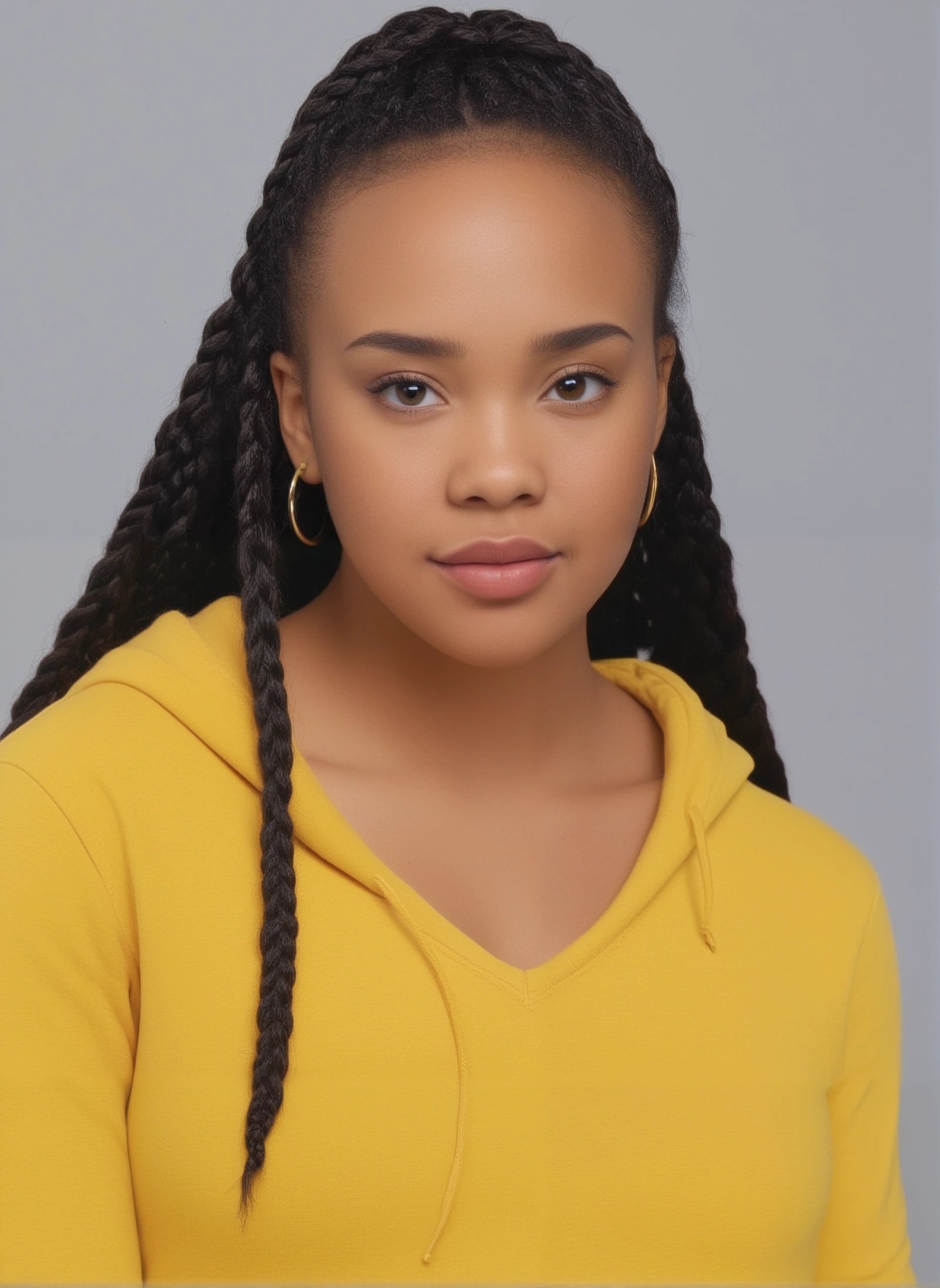 aisha, headshot, 19 years old, black girl, long braided hair, long-sleeved snug mustard-yellow hoodie with deep v-neck, locks of hair over shoulders, pretty, cute, head and shoulders, looking at viewer,   1girl, (masterpiece), (best quality), detailed