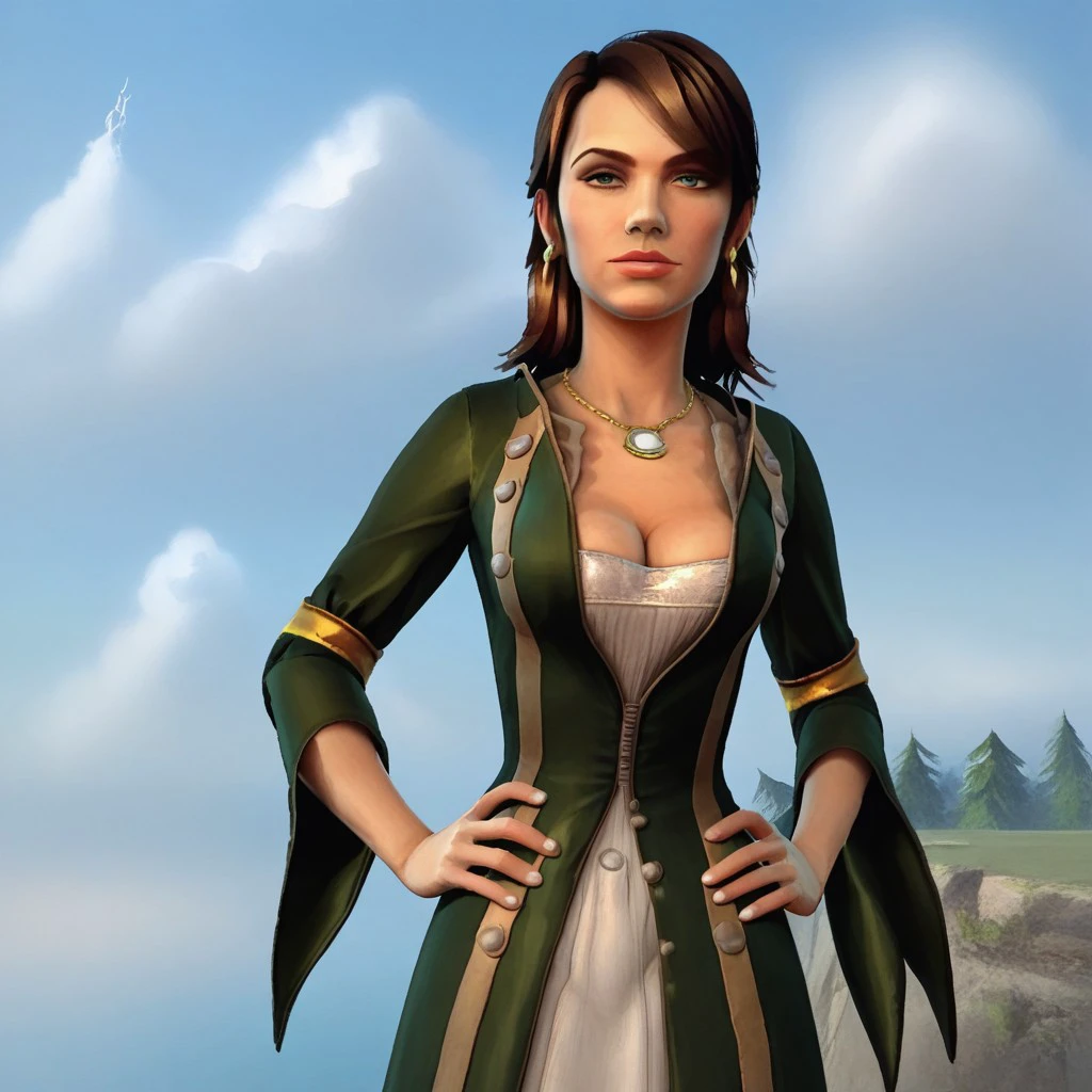 catherine, solo, 1girl, brown hair, green coat, white and green dress, buttons, necklace, earrings, cleavage, outside, hands on hips, standing at the edge of a cliff looking out at the sea, storm clouds in the distance