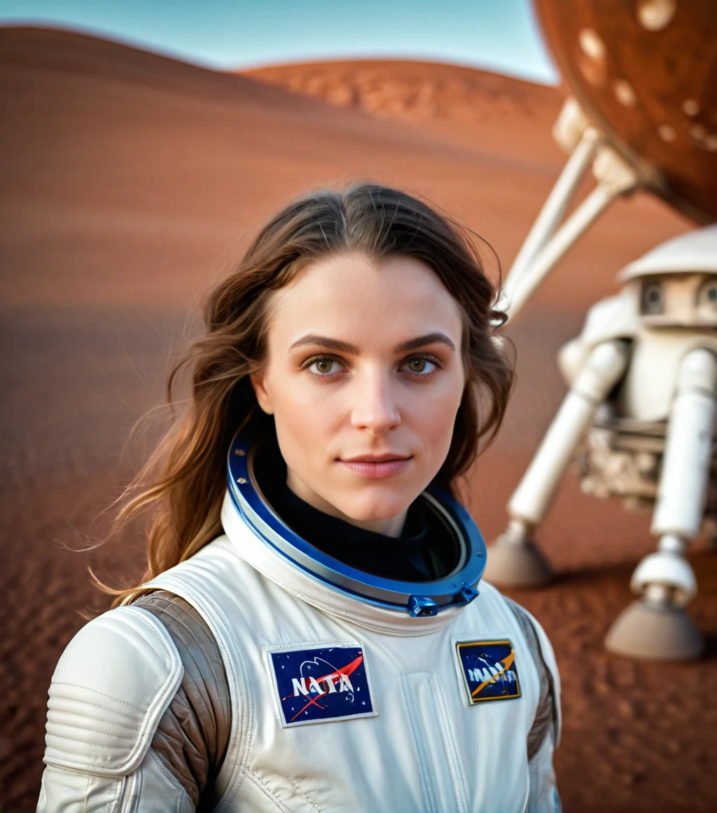 <lora:b3cc4_11XL-000007:0.9>, a (medium close up) photograph of (beautiful 24 year old) (b3cc4 woman:1.2) as an astronaut, in a spacesuit without a helmet,long dark hair,on the plains of Mars,with a (Martian Lander:1.4) behind her,standing next to an (alien ambassador:1.3), posing for an historic photo,dramatic historic photograph,photorealism,realistic lighting,(bokeh),realistic shadows,masterpiece,Award-winning photography,realistic skin texture,UHD HDR,8K wallpaper,Hyperrealistic, Hyperdetailed, subsurface scattering, heavy shadow, best quality, rule of thirds, Intricate, High Detail, 16mm, color graded portra 400 film, detailed pupils, 35mm photograph, professional