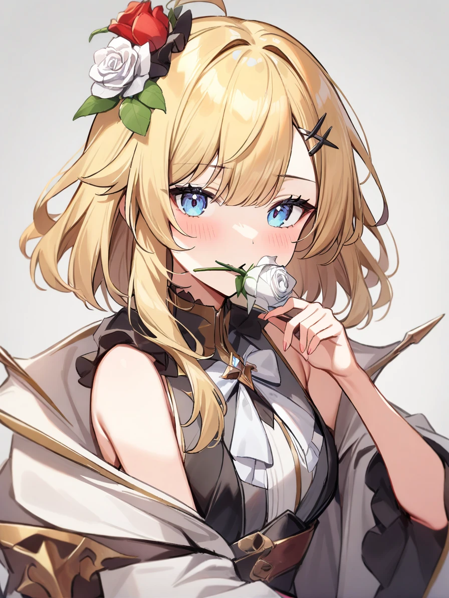 1girl,solo,simple background,,eleanor(sv),blonde hair,,kuchinihana,flower,white rose,<lora:eleanor:0.8>,<lora:kuchinihana2:0.7>, masterpiece, best quality, very aesthetic, absurdres