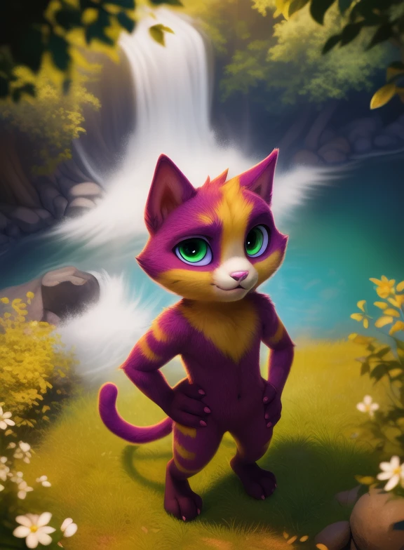 <lora:LinoCatUmaAveYif:0.9> LinoCatUmaAve, cat, pink nails, ,  purple fur with yellow, tail, pink nose, light green eyes,
Looks at the viewer,   day, [  solo, nature, day, clouds, waterfall, flover]  ((Hands on hips, standing, high-angle view,))
(beautiful, aesthetic, perfect, delicate, intricate, saturated colors), masterpiece, digital drawing, best quality,
by ulitochka, by taran fiddler, by Silverfox5213, by personalami,