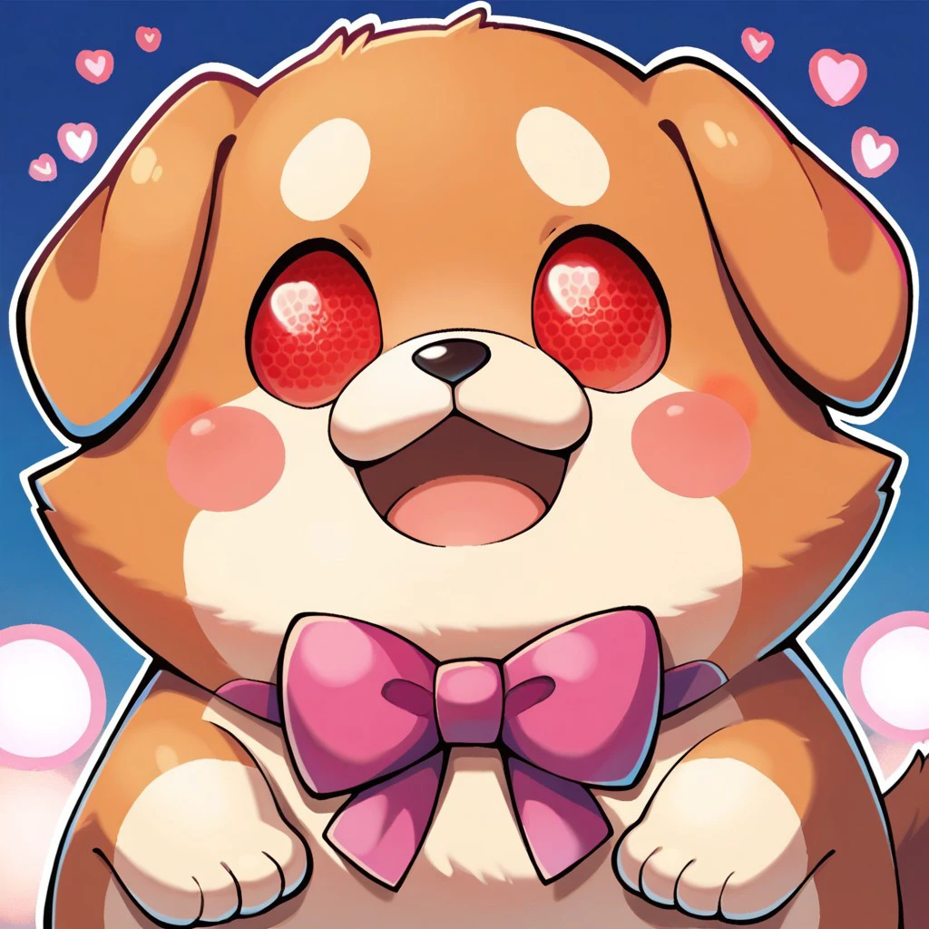 score_9,score_8_up,score_7_up,source_anime, chemy, animal, dog, no humans, open mouth, symbol-shaped pupils, heart, heart-shaped pupils, solo, smile, :3, looking at viewer, blush stickers, bow, pink bow, red eyes