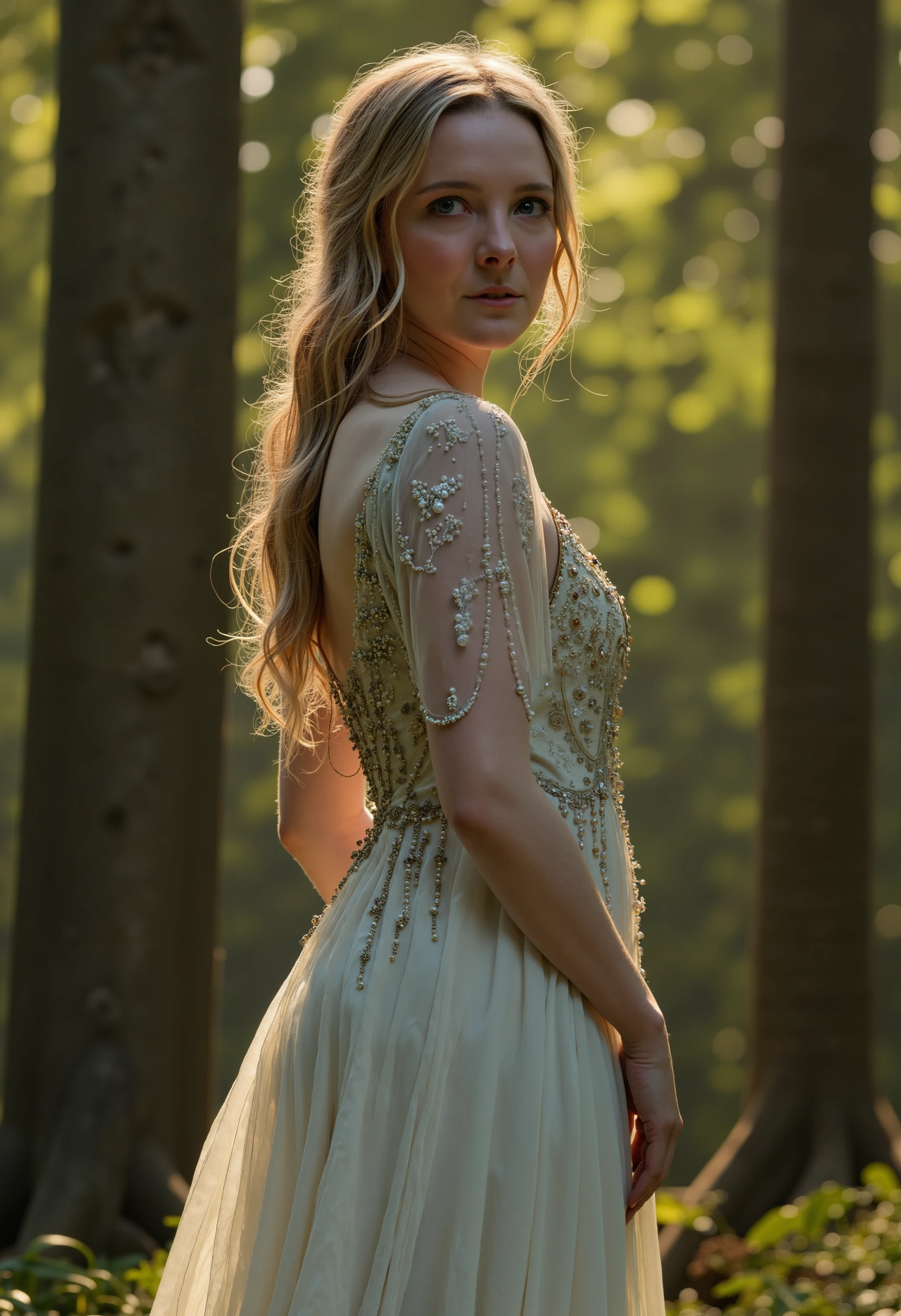 g4l4dr1el, raw photo of a woman wearing an elegant dress, in a forest, 8k, masterpiece, brilliant composition