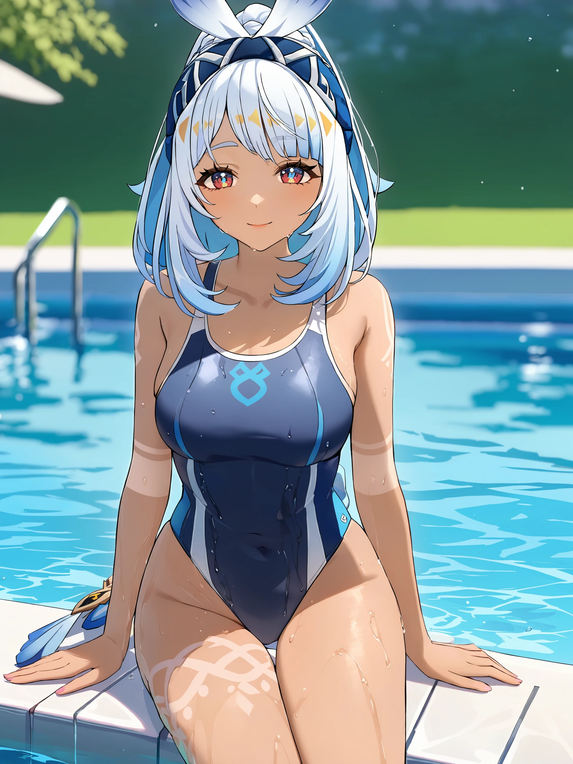 1girl, mualani \(genshin impact\), bow hairband, body paint, school swimsuit, one-piece swimsuit, poolside, outdoors, wet, light smile, sitting on the edge of pool, depth of field <lora:Char-Genshin-Mualani-V1-SDXL:0.9>, illustration, incredibly absurdres, ultra detailed, masterpiece, best quality, [<lora:detailed_notrigger:0.95>::0.5]