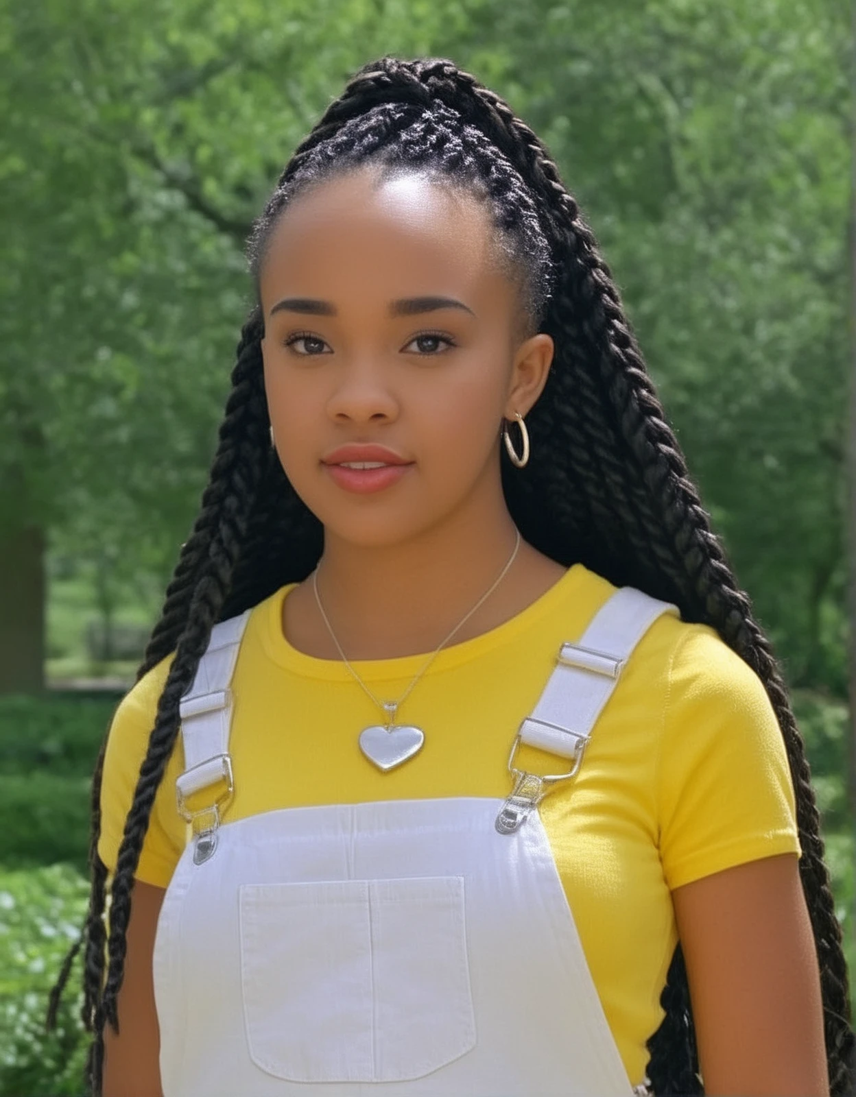 aisha, headshot, 19 years old, black girl, long braided hair, white overalls with short-sleeved yellow shirt and necklace with heart pendant, outdoor park at daytime, standing straight,   1girl, (masterpiece), (best quality), detailed