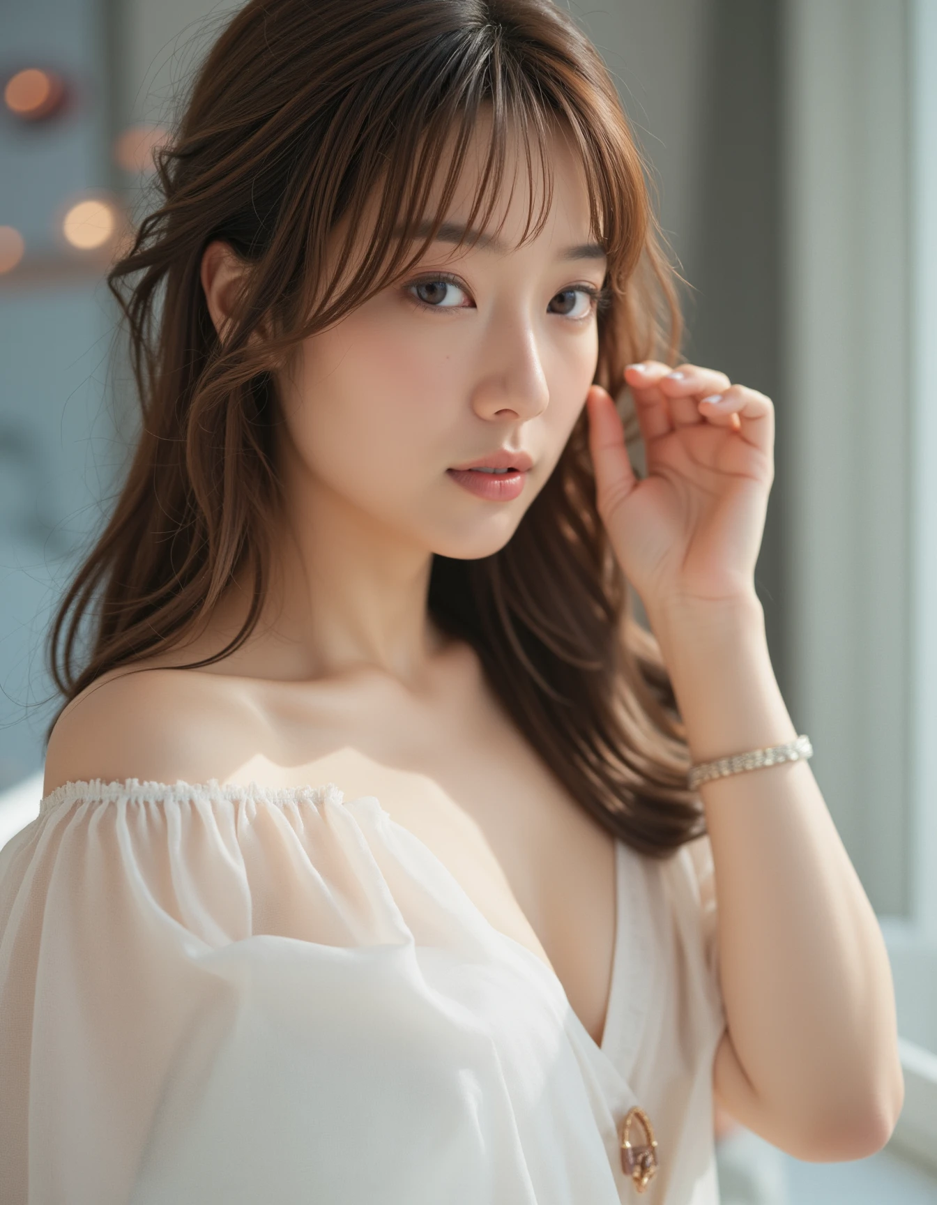 best quality, masterpiece, raw photo of a female in white dress, close up face, brown hair, fashion accessories, looking at viewer, indoor, day time, professional photo, high contrast exposure, soft bokeh, high key light, hard shadow, soft bokeh, simple background, white background,