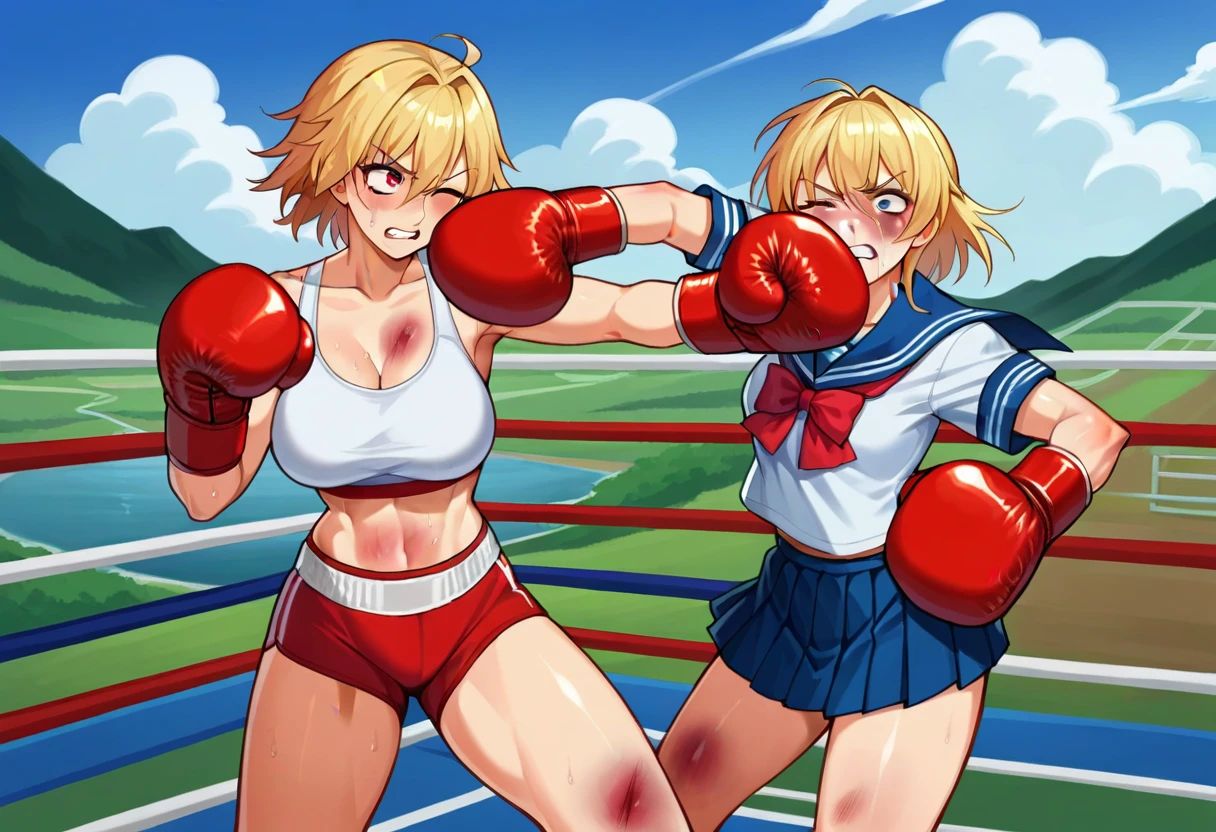 boxing gloves, red boxing gloves, red gloves, <lora:girlsboxingmatchlorapony7:0.3>, gbmatch, cowboy shot, score_9, score_8_up, score_7_up, source_anime, 2girls, outdoors, landscape, punching, standing, BREAK
sports bra, bare shoulders, shorts, large breasts, collarbone, crop top, thighs, thighs, midriff, navel, 
bruised eye, bruise on face, one eye closed, clenched teeth, BREAK
skirt, pleated skirt, school uniform, thighs, serafuku, sailor collar, bowtie,
bruised eye, bruise on face, one eye closed, clenched teeth,