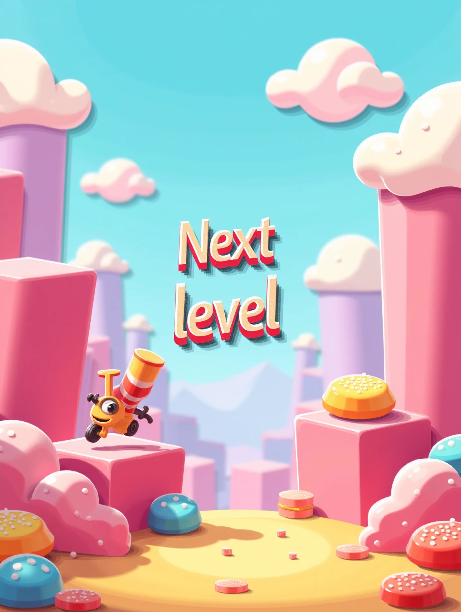 Juaner_font,

On a colorful candy land background, there is a line of text “Next Level,” the image shows a character jumping over candy obstacles