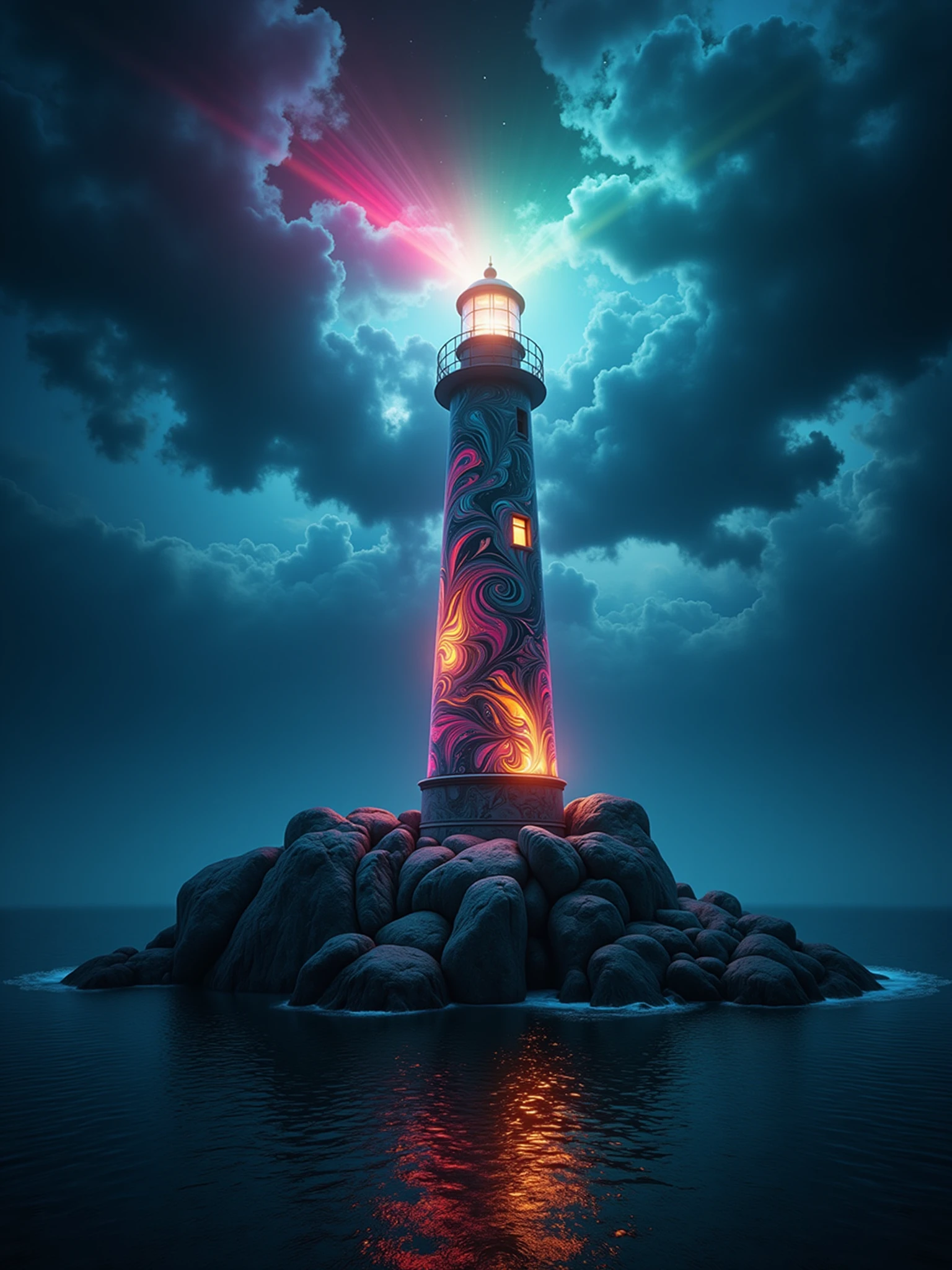 glowing mad-glwngmrbldppr lighthouse on a rocky island in the clouds, haze, god rays   <lora:glowing-marbled-paper-flux:1>, night