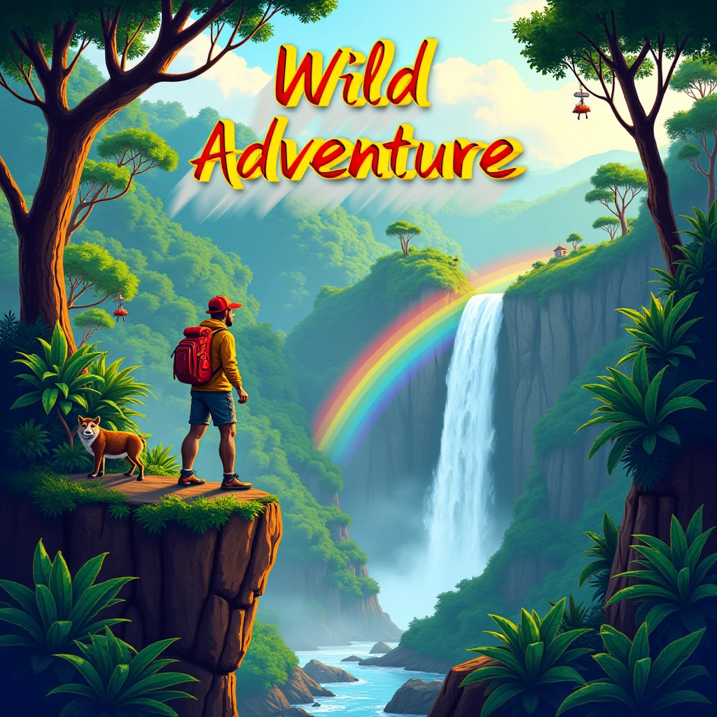 Juaner_font,

In a vibrant jungle with waterfalls and exotic animals, the text says “Wild Adventure”, and a hiker is standing on a cliff edge, overlooking a rainbow