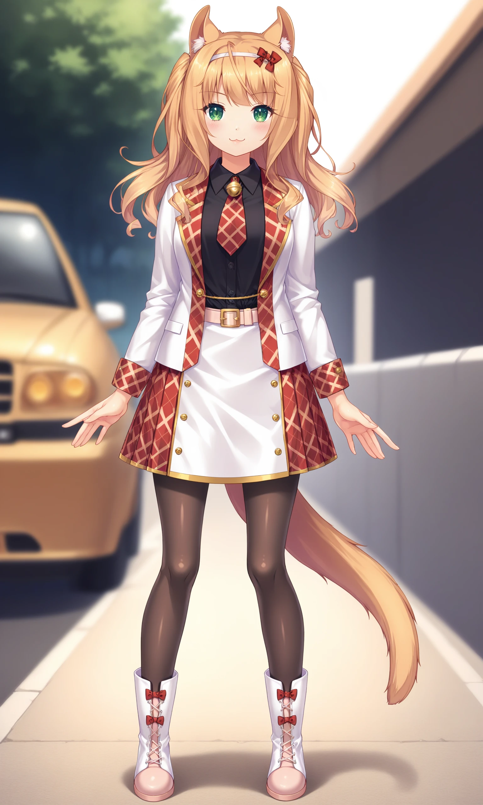 score_9, score_8_up, score_7_up, source_anime, white_jacket, Maple, looking_at_viewer, medium_breasts, solo, blush, closed_mouth, :3, smile, ponytail, long_hair, cat_ears, animal_ear_fluff, cat_tail, white_headband, red_headband_bows, light_carmine_pink_necktie, short_necktie, neck_bell, white_belt, brown_pantyhose, light_carmine_pink_jacket, open_jacket, long_sleeves, black_shirt, light_carmine_pink|white_skirt, plaid_skirt, white_footwear, footwear_red_bows, knee_boots, legs_apart, standing, legs, knees, full_body, outdoors, <lora:Maple_V1(SDXL)_2:0.8> <lora:hand 4:1>, Hand, detailed, perfect, perfection, hands,