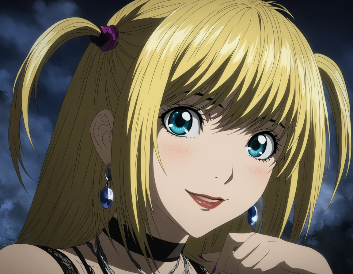 1girl, portrait of Misa Amane, (Misa Amane:1.6), death note, Modern Anime, adult female, From Death Note anime, best quality, 8K, DSLR quality, Bloom Lighting, Good Face, Beautiful Face, Slim, highly detailed,  glow, extreme details, fog, smoke, blond hair, happy, smile, perfect eyes, <lora:perfect-eyes:1>, perfecteyes, eyes reflection, detailed eyes, upper body, hdr quality, full of color, smoke, cinematic, night, moon light, 2010s, windy, hair swaying in wind, purple nail polish, nigh time, blue eyes, grainy, chromatic aberration, dark blue atmosphere, black night, adult woman, Depth of field effect, uwu, cute, blush, perfecteyes, eyes reflection, detailed eyes, upper body, shy smile, hdr quality, hands doing cute pose, full of color, smoke, cinematic, <lora:misa_amane-step00000862:1>