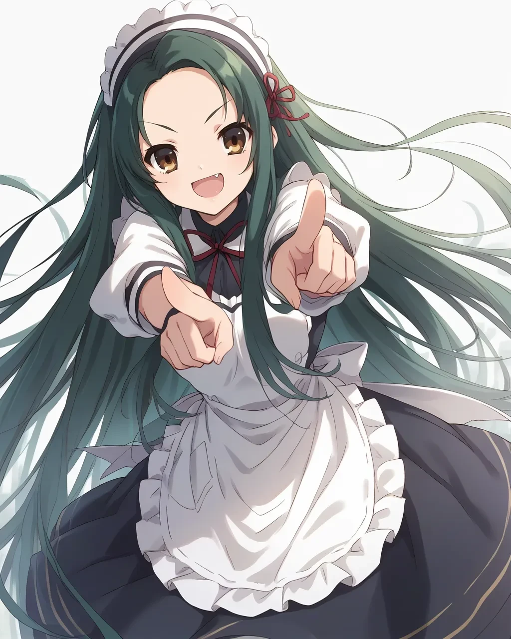 score_9,score_8_up,score_7_up,best quality, 4k, rating_safe, very aesthetic, source_anime,1girl,
<lora:Tsuruya:0.9>,
tsuruyaBB,brown eyes,green hair,very long hair,fang,official alternate costume,waitress,maid,apron,maid headdress,red ribbon,white sleeves,puffy sleeves,pantyhose,
looking at viewer,
dynamic angle,(from behind:1.2),pointing,upper body,smug,kneeling,,