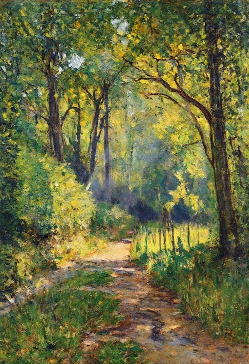 ImpressionistStrokes,Capturing the interplay of light and shadow as beams of sunlight filter through the dense foliage, inspired by Camille Pissarroâs rural scenes.