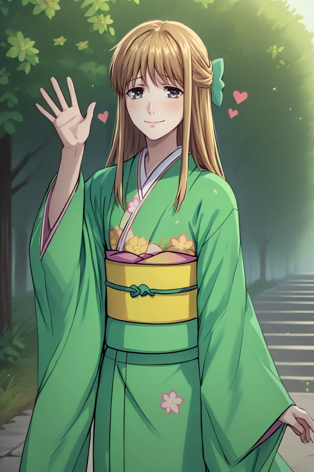 score_9, score_8_up, <lora:NSRitsuFrusket:1> NSRitsuFrusket, grey eyes, medium hair, half updo, green hair ribbon, light brown hair, green kimono, yellow obi, long sleeves, wide sleeves, floral print, cowboy shot, shy, hearts, waving, slight smile