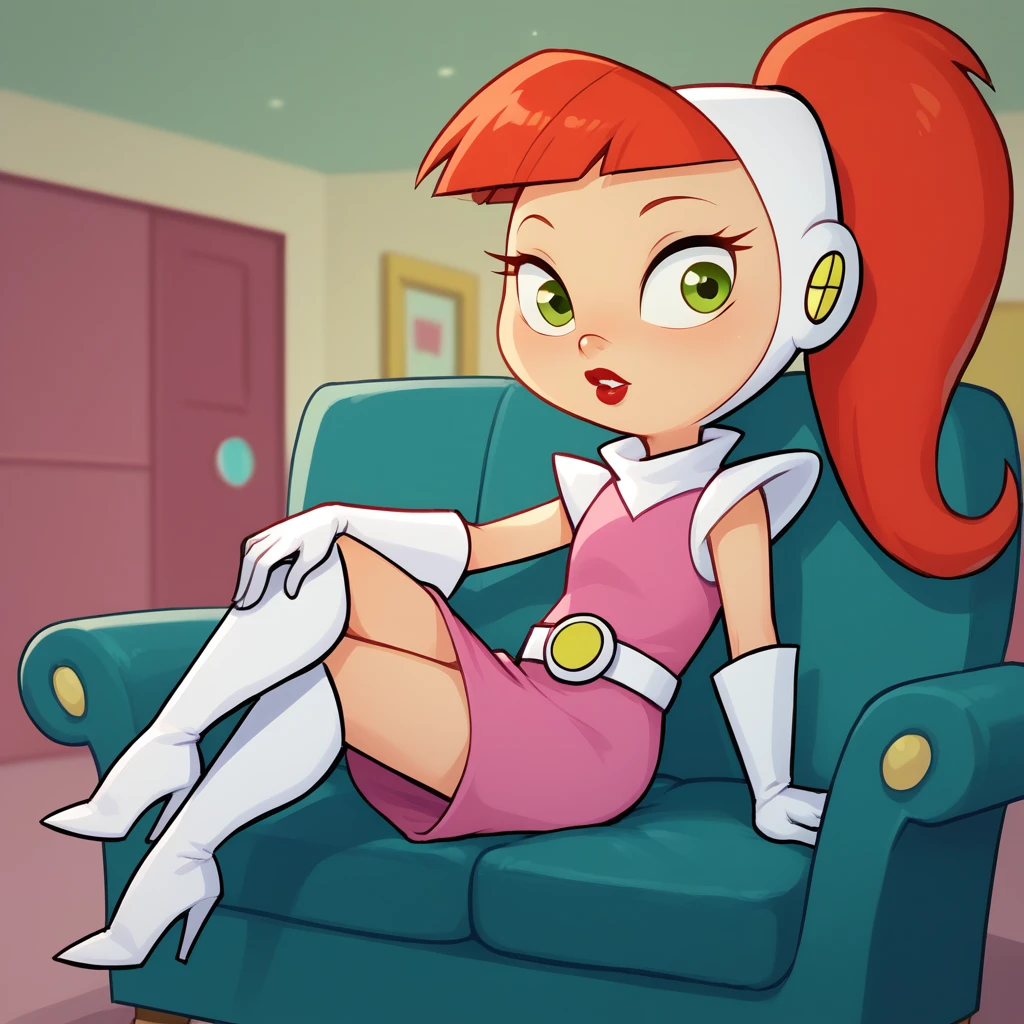 score_9_up, score_8_up, BREAK, Atomicbetty, 1girl, solo, red hair, ponytail, green eyes, lipstick, pink dress, white gloves, white belt, on couch, sitting,  <lora:AtomicBetty_Hero_Form_PXL_Leaf2:1>, indoors, depth of field,