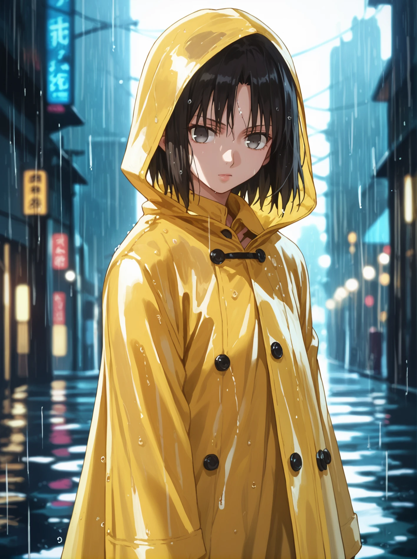 (intricate details:1.1), (detailed background:1.2),(Masterpiece:1.3), (best quality:1.2), score_9, score_8_up, score_7_up,source_anime,1girl,<lora:Shiki_Ryougi:1>,shiki_ryougi, solo, raincoat, yellow raincoat, hood, 1girl, black hair, short hair,rain,empty eyes