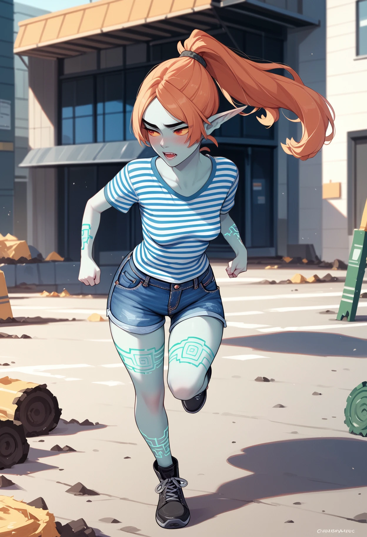 zPDXL3, score_9, score_8_up, score_7_up, score_6_up, score_5_up, score_4_up, 
1girl, solo, medium breasts, eyeliner, 
grimace, running, 
striped shirt, denim shorts, 
construction site, 
<lora:LZTP - Midna (True Form) v1:1> tpmidina, midna,