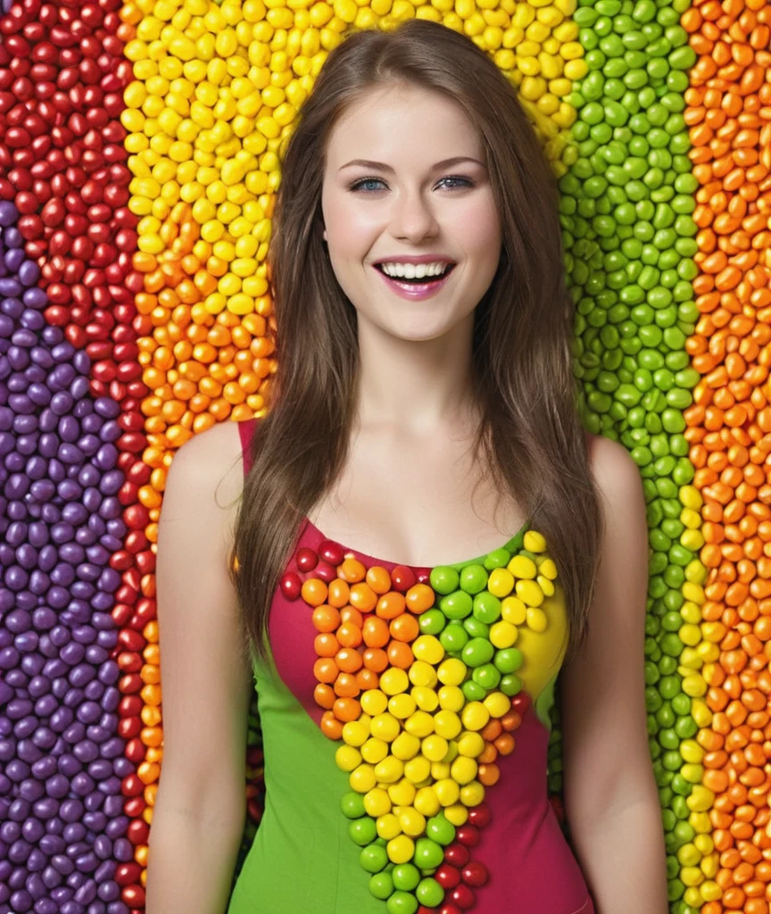 <lora:Sara_Raftery-SDXLe15:0.8> with a cute grin, 
full torso photo, photorealistic,
young beautiful (Sara_Raftery:1.1) dressed completely in skittles,