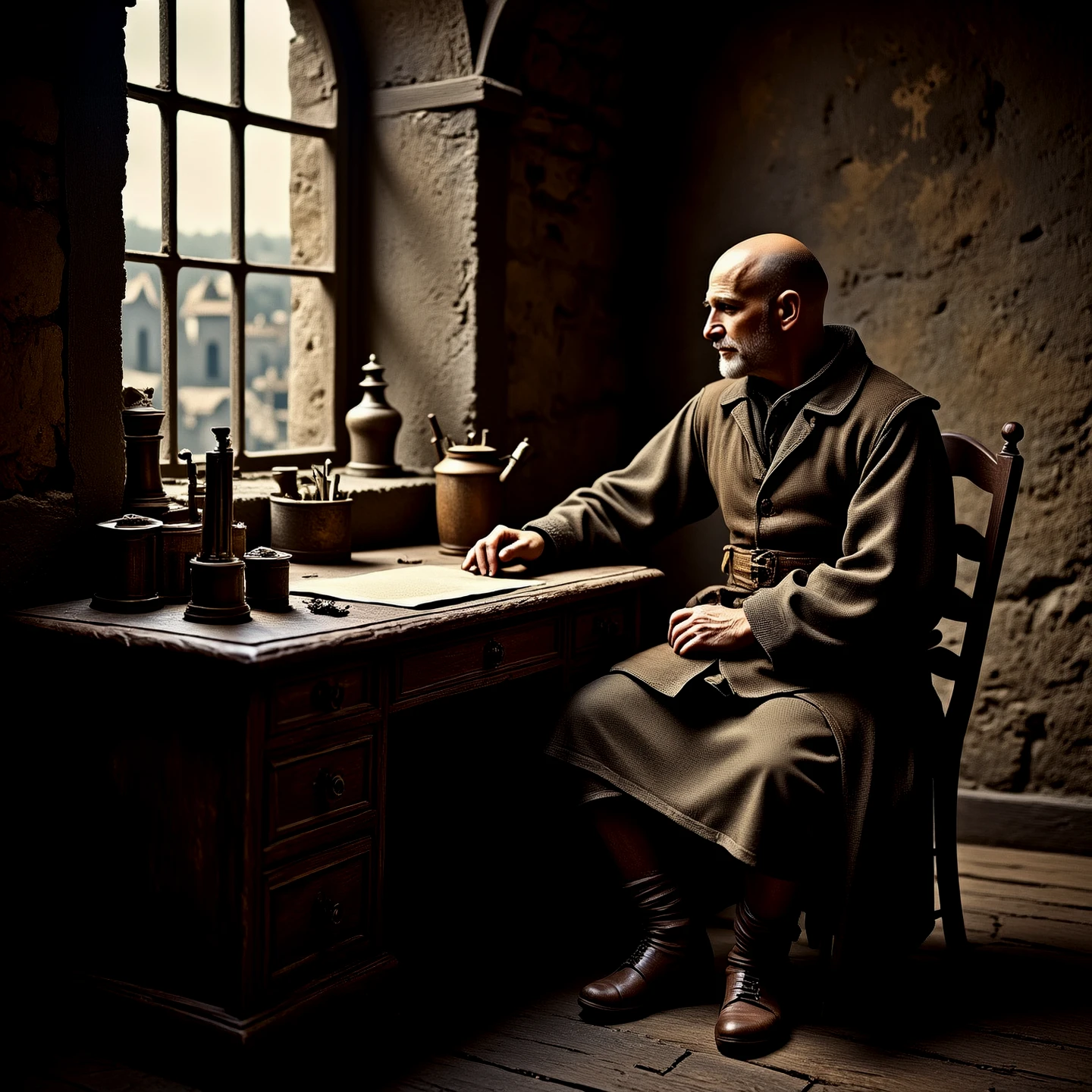 Medieval city. An ancient man sitting at a desk by an open window. He is dressed in traditional medieval clothing, highly detailed. He does not wear a hat. He is bald on the top of his head.
Atmospheric, moody, rustic. Dark.
mdvlCE