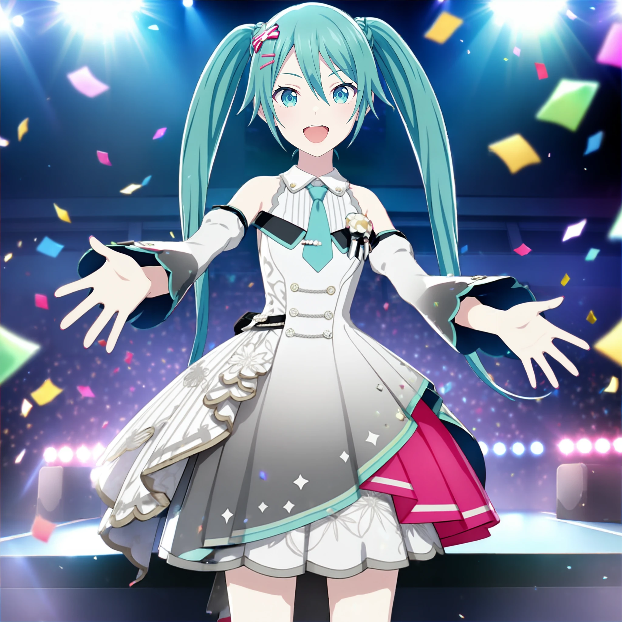 1girl, more more jump! miku, project sekai, masterpiece, very aesthetic, absurdres, official art,
brandnew mmjmiku, green hair , long hair, twintails, aqua eyes,
(lookiing at viewer:1.4), :D, reaching towards viewer, cowboy shot, BREAK
idol stage, stage light, neon light, confetti-flurry, psyllium, auditorium is filled with spectator,
<lora:sdxl-vs-BNmmjMiku05:0.85:lbw=0,0,0.2,0.2,0,0.4,0.4,0,0.8,0.8,0,0,0,0.8,0.8,0.6,0.8,0.0,0.0,0.0,0,0,0,0,0,0>