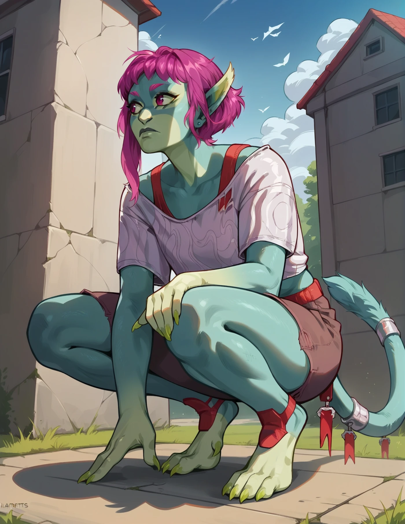 1girl, solo, squat, in the top of a building, seen from below <lora:It-Z:1.3> itz, green skin, pointy ears, pink hair, crop top, outdoors, tail, thighs, thorts, looking to the left, score_9, score_8_up, score_7_up, score_6_up, 2d, digital art, masterpiece, <lora:sinfully_stylish_PONY_0.2:0.3> dramatic lighting <lora:incase-ilff-v3-4:0.3> <lora:Expressive_H:0.3> expressiveh <lora:g0th1cPXL:0.3> g0th1cpxl