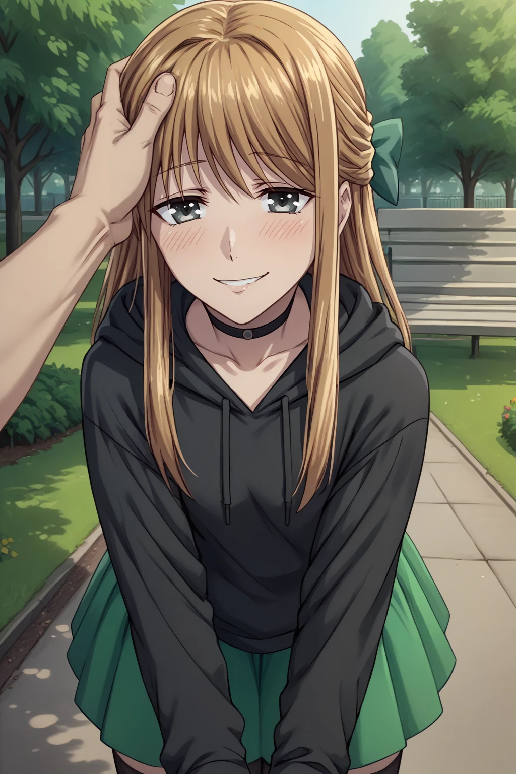 score_9, score_8_up, <lora:NSRitsuFrusket:1> NSRitsuFrusket, grey eyes, medium hair, half updo, green hair ribbon, light brown hair, black choker, black hoodie, black thighhighs, green skirt, outdoors, park, smile, blush, pov, hand on another's head, leaning forward