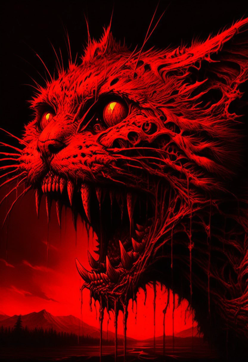 Score_9, score_8_up, score_7_up, best quality, highly detailed, colorful, 
 cat, abomination, monster, no humans,  rotten, bones, horror, horror theme,
 blood, bleeding, ,( beam of light:2),
dark red neon background, red backlighting, low light, red lighting, red neon shadow, dramatic lighting, extreme dark theme, 
( close up:1), ( upper body:1), (   face focus:1),