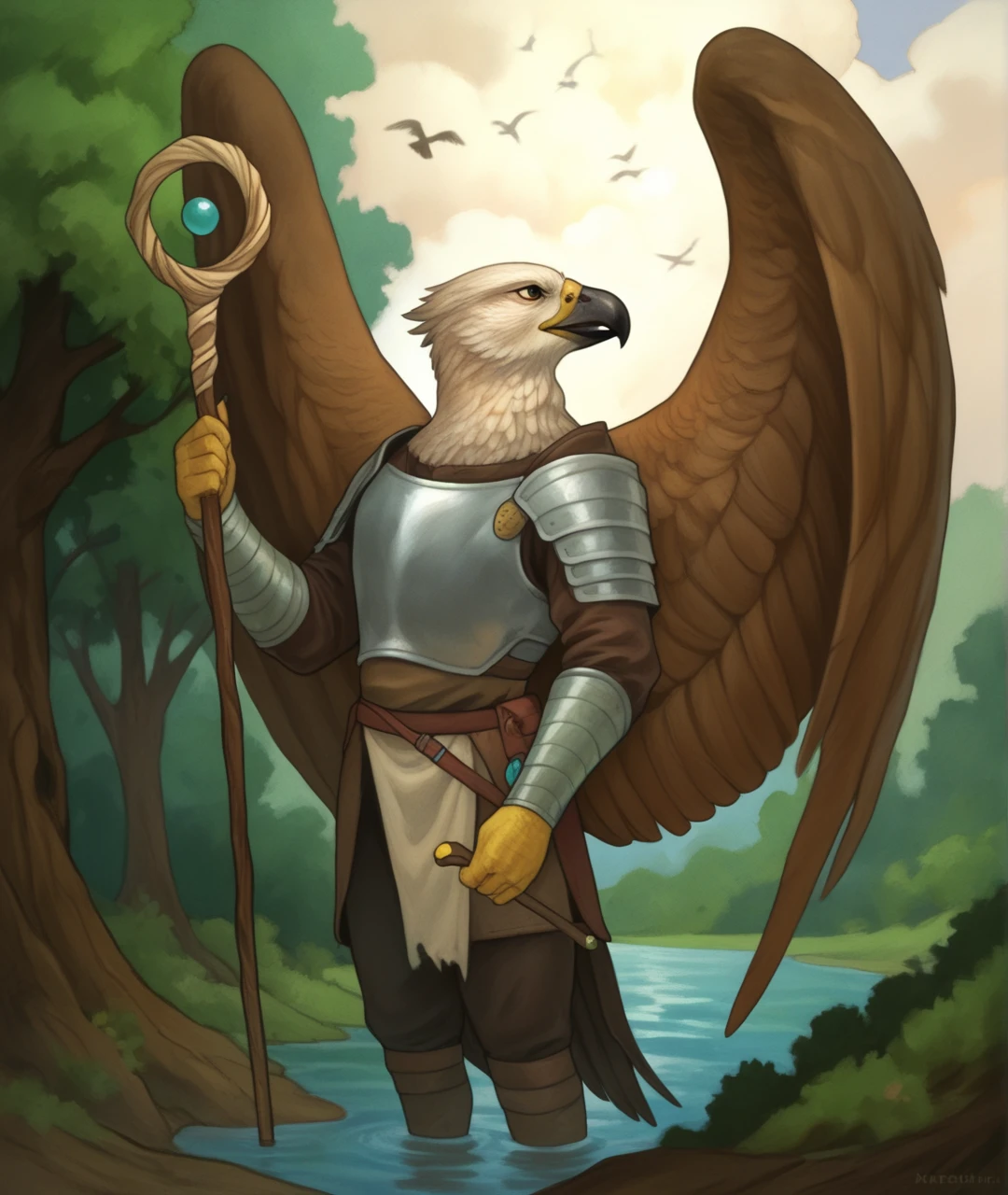 score_9, score_8_up, score_7_up, score_6_up,
BREAK
bird, outdoors, staff, tree, wings, 1boy, holding, nature, solo, cloud, painting, (medium), water, armor, sky, standing, traditional media, forest, eagle, animal, holding staff, male focus, holding weapon, weapon, furry, feathered wings
 <lora:RGv2:1>