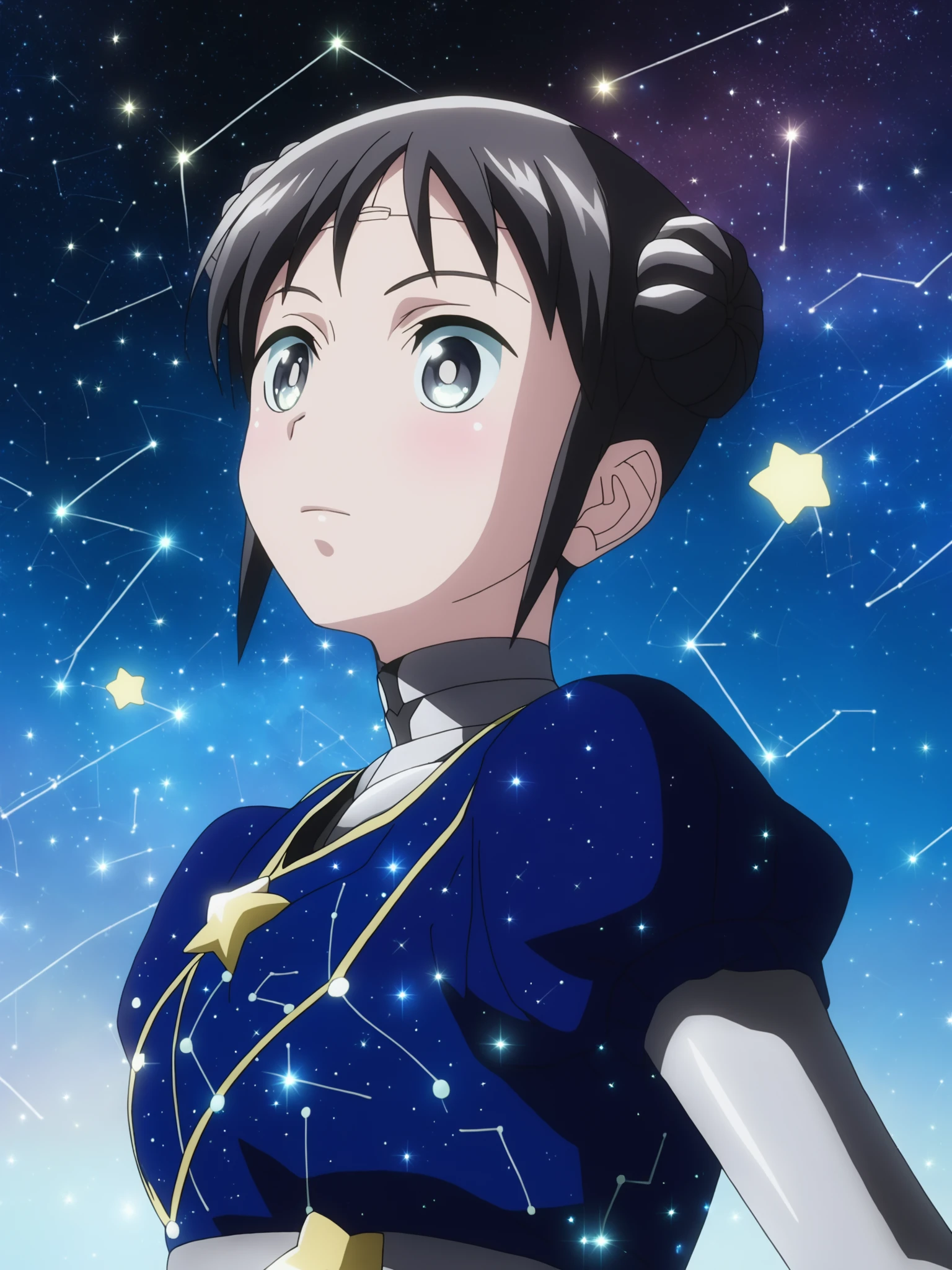 score_9, source_anime, masterpiece, best quality, <lora:Mina_PDXLv0.1:0.8> mina, double braided bun, short hair, dark blue star dress, constellation, star \(sky\), detailed, beautiful