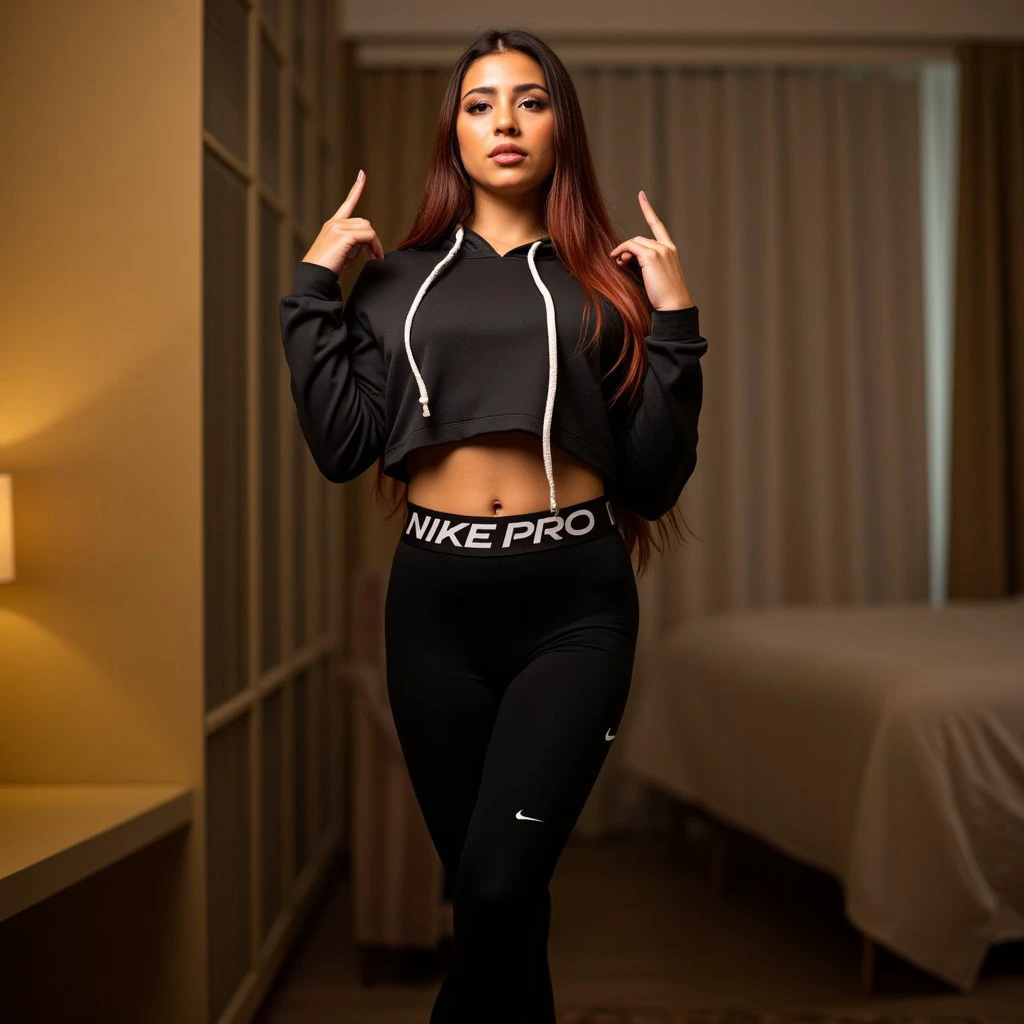 A high quality photo of a social media influencer young woman posing seductively, wearing black Nike Pro leggings, featuring the text "NIKE PRO" on the waistband, and a cropped hoodie. She is stood in a hotel room with ambient lighting in the background, at evening time.