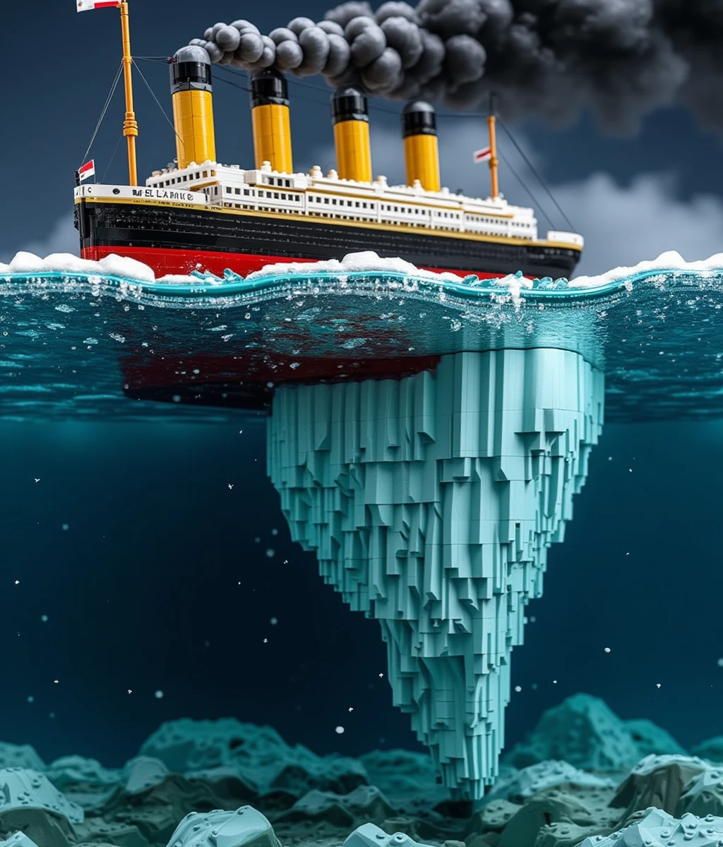 lego,the Titanic ship impacting an iceberg and sink to the bottom of the sea