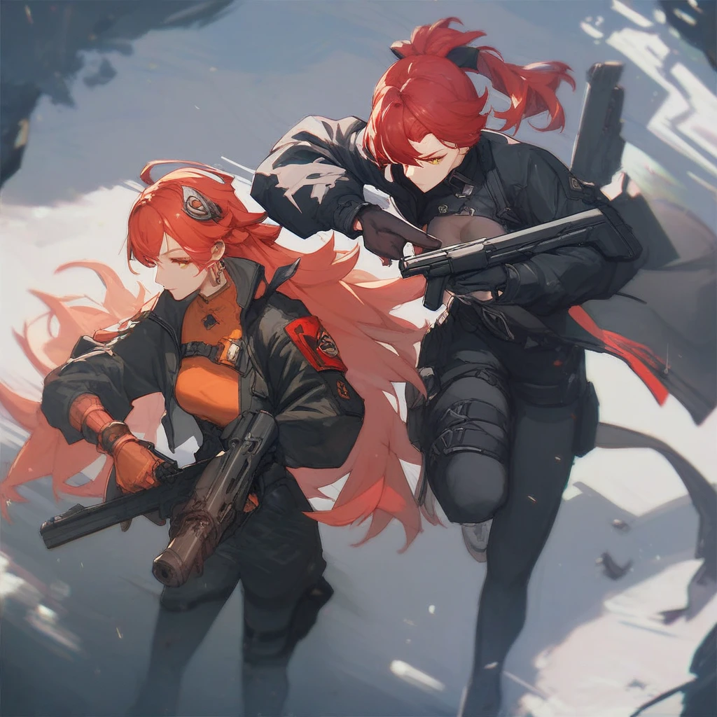 Score_9, score_8_up, score_7_up, fatetrigger, multiple girls, 2girls, weapon, gun, holding weapon, holding, red hair, holding gun, long hair,