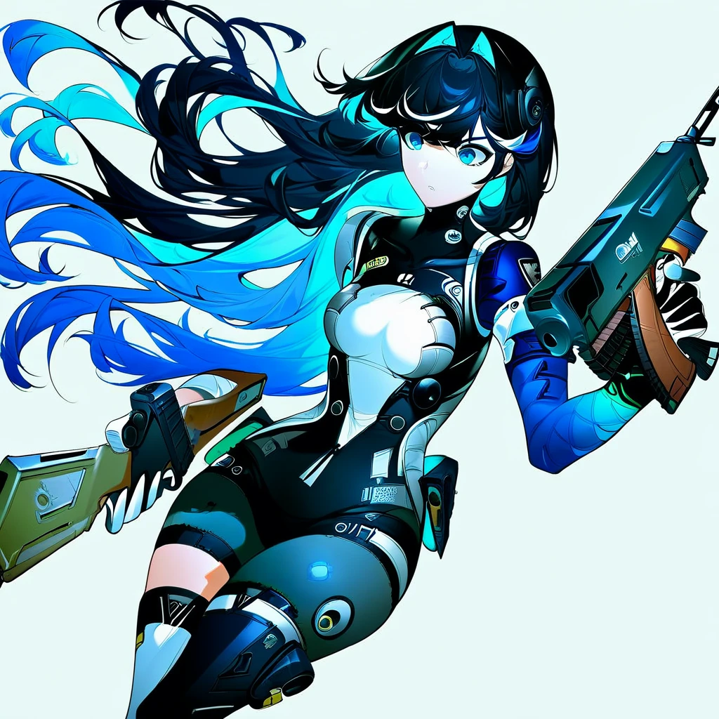 xiva-ft, 1girl, weapon, solo, gun, black hair, long hair, holding weapon, blue eyes, white background, breasts, holding, holding gun, rifle, multicolored hair, blue hair, simple background, assault rifle, bangs, medium breasts, gloves, thighhighs, hairband, bodysuit