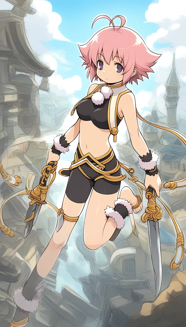 score_9, score_8_up, score_7_up, source_anime, rating_explicit, BREAK <lora:Sugar_Ver2.0_XL:1> Sugar, short hair, ahoge, antenna hair, weapon, purple eyes, pink hair, dagger, knife,
bare shoulders, shorts, midriff, fur trim, bike shorts, crop top, anklet, jewelry, pom pom (clothes),
closed mouth, outline, wristband, sleeveless, black eyes, wrist cuffs, black shorts, ankle cuffs,
blue sky, outdoor,