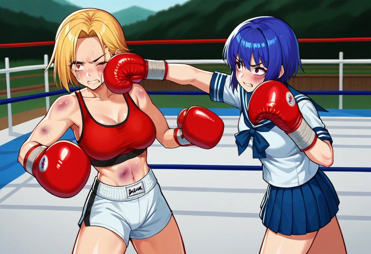 boxing gloves, red boxing gloves, red gloves, <lora:girlsboxingmatchlorapony7:0.3>, gbmatch, cowboy shot, score_9, score_8_up, score_7_up, source_anime, 2girls, outdoors, landscape, punching, standing, BREAK
sports bra, bare shoulders, shorts, large breasts, collarbone, crop top, thighs, thighs, midriff, navel, 
bruised eye, bruise on face, one eye closed, clenched teeth, BREAK
skirt, pleated skirt, school uniform, thighs, serafuku, sailor collar, bowtie,
bruised eye, bruise on face, one eye closed, clenched teeth,