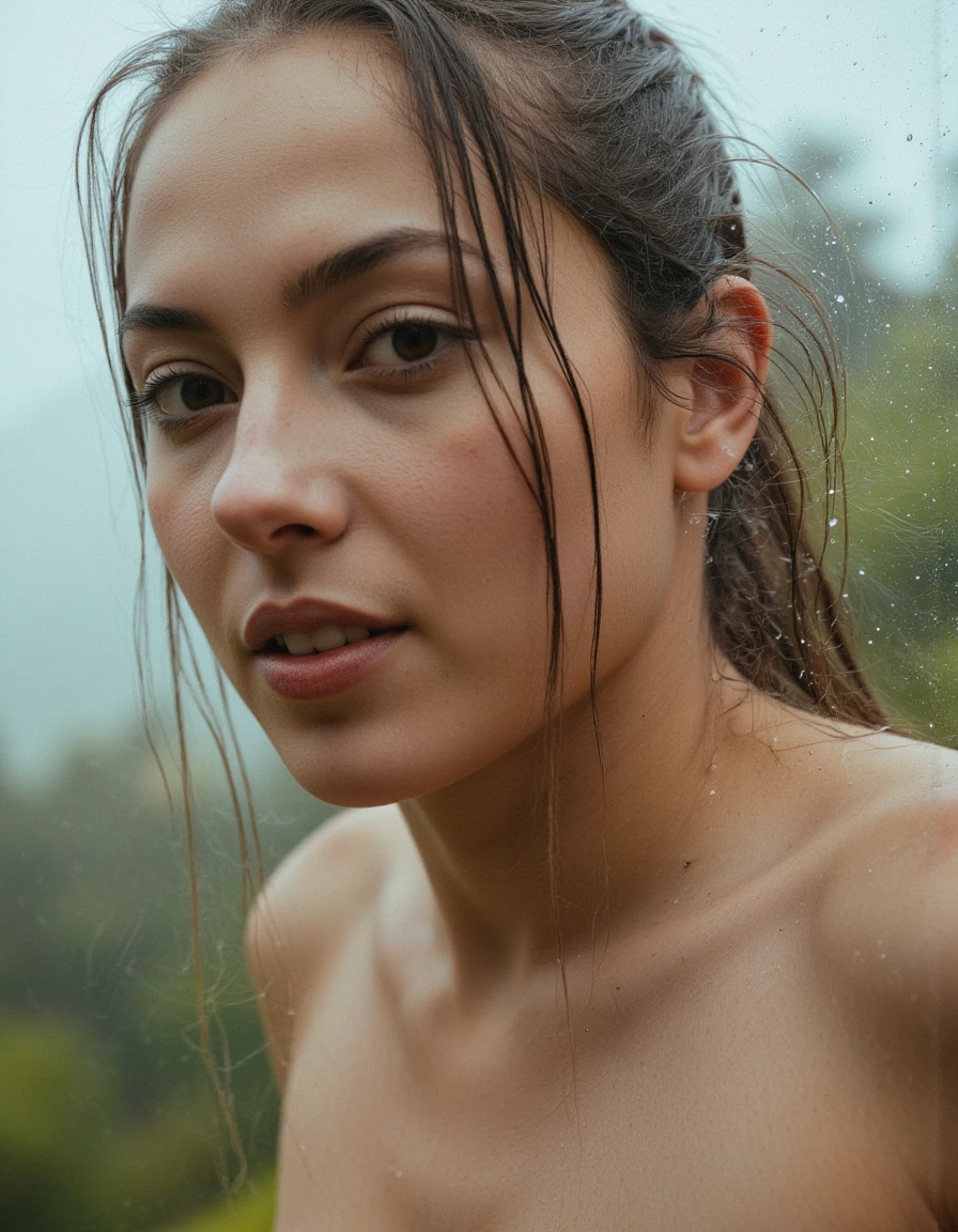 Close up of a Beautiful woman, surrounded by fogged-up glass and droplets of water on her skin. Soft diffused lighting from above, creating a warm, hazy glow that highlights her through the mist. High ISO 1600, to capture the fine details of the stream and water droplets, with a slightly grainy texture to enhance the atmosphere. The woman is positioned with her face and upper torso against the glass, water streaming down her skin. Her hair is wet and tousled, clinging slightly to her neck. Her eyes are playful, and her lips are parted slightly. The stream swirls around her, softening the edges and adding a dreamy, quality to the image, while the droplets on the glass add a sense of depth and texture. Realistic photography., RAW candid cinema, 16mm, color graded portra 400 film, remarkable color, ultra realistic, textured skin, remarkable detailed pupils, realistic dull skin noise, visible skin detail, skin fuzz, dry skin, shot with cinematic camera
