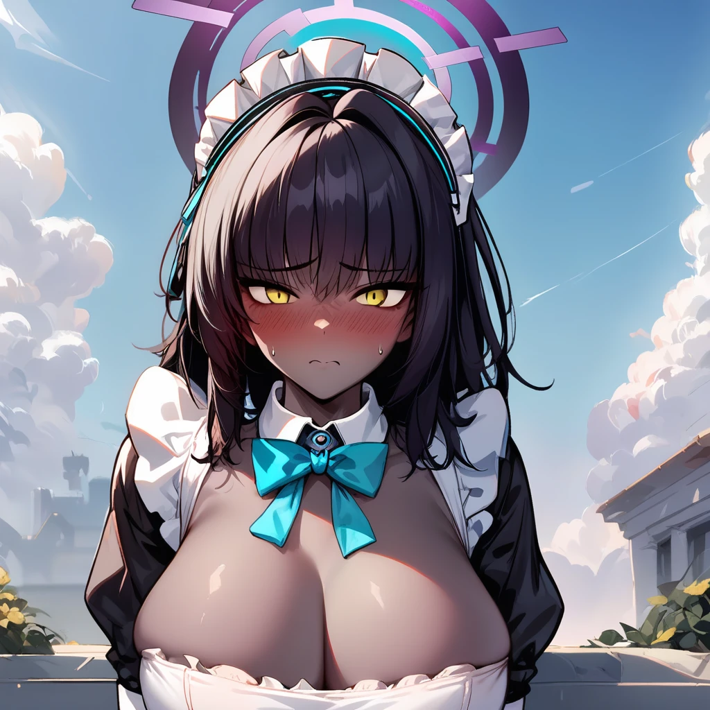 source_anime, score_9, score_8_up, score_7_up, source_Blue_Archive, dynamic, 1woman, (Karin_(Blue_Archive):1.0), dark-skinned_female, yellow eyes, halo, huge breasts, GTSTY132, (maid), looking at viewer, facing viewer, shy, blush, blushing, embarrassed, sunny, outdoors,