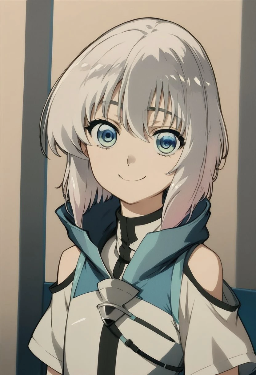 score_9, score_8_up, score_7_up, score_6_up, score_5_up, score_4_up, detailed face, ernesti echevalier,tomgirl,1boy,male focus,smile,shoulder cutout,blue eyes,clothing cutout,looking at viewer,solo,grey hair,short sleeves,bangs,otoko no ko,shirt,upper body,medium hair