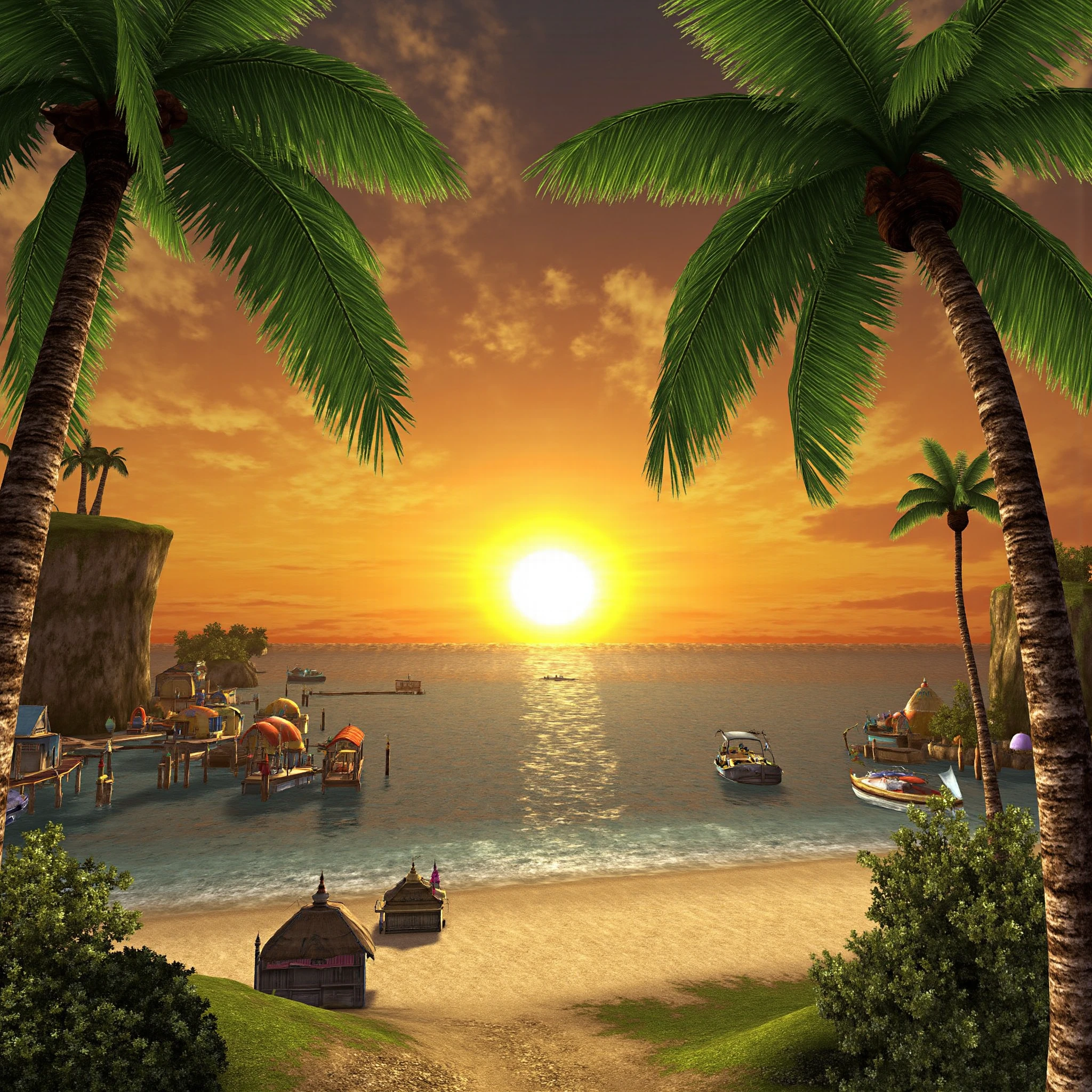 <lora:Final Fantasy X:1>,  FFX_Style
A CGI-generated image of Besaid Beach: Tropical beach at sunset. Palm trees frame turquoise waters. A small village of colorful huts nestles against lush cliffs.