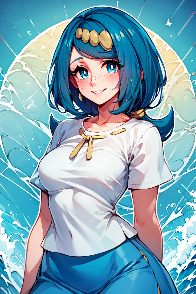 score_9, score_8_up, score_8, medium breasts, (curvy), cute, eyelashes,      rating safe,   BREAK,  zzLanasMother, blue hair, blue eyes, long hair, freckles, large breasts, hair ornament, white shirt, blue skirt, <lora:LanasMother_Pokemon_PDXL_Citron:0.8>, ,  BREAK,  smile, looking at viewer,  abstract wave background, white outline,    embedding:zPDXL, Expressiveh,   <lora:CatalystStylePDXL:0.6>,  <lora:SDXLFaeTastic2400:0.5>,  <lora:Expressive_H-000001:0.4>,