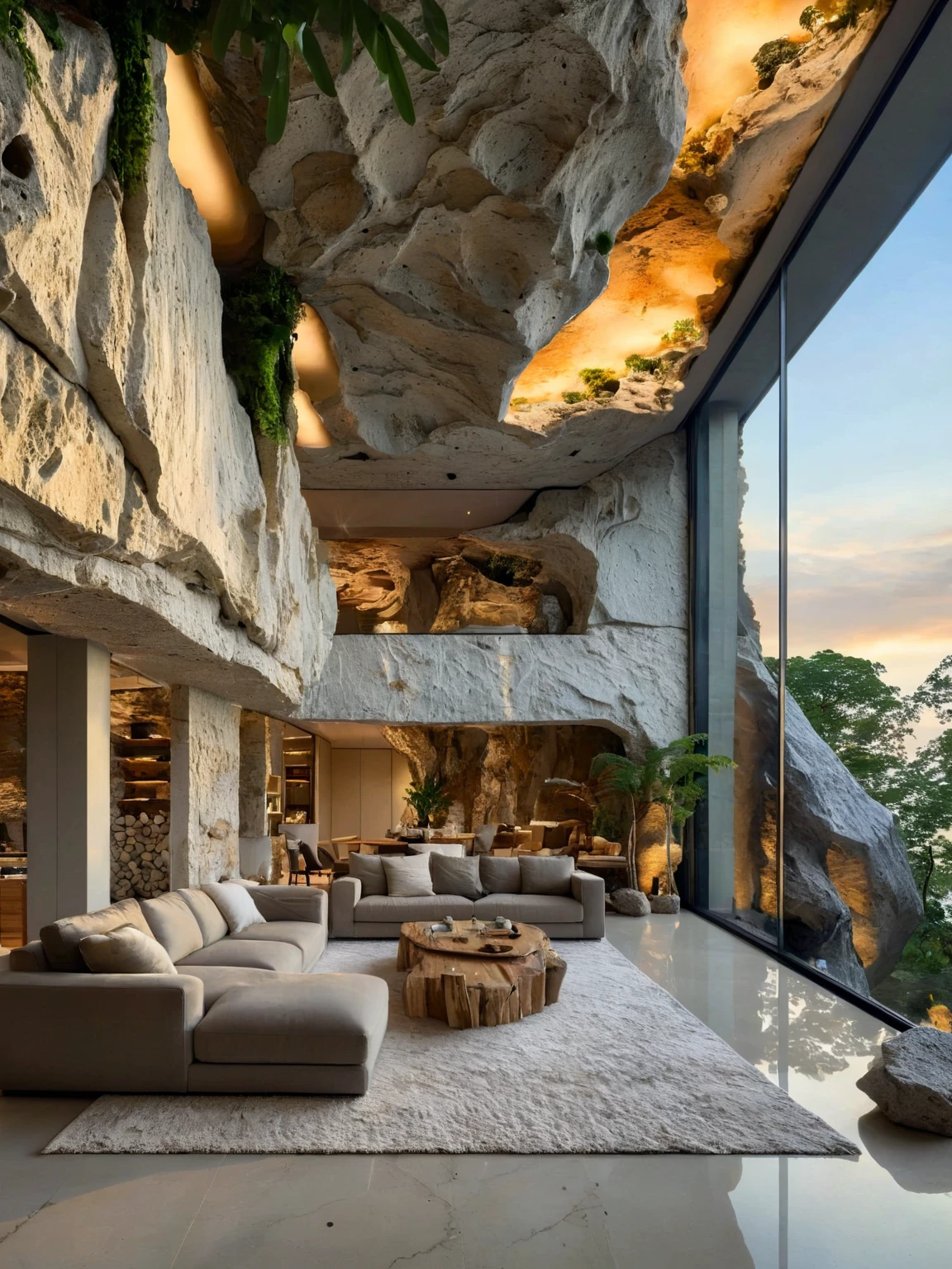 <lora:JJsCaveHouse_XL:1>, ((Cave House)),  masterpiece, best quality,  cloud, building, no humans, indoor, plant, scenery, sky, tree,  center composition,  golden hour, ceiling, rock, glass,