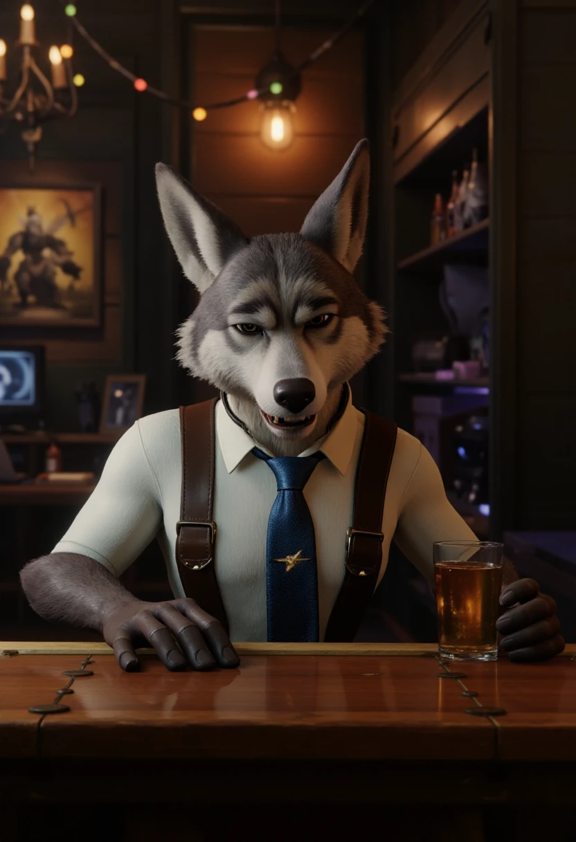 rcriftapart, realistic CGI,  wolf wearing a tie getting drunk at a bar.   <lora:Ratchet__Clank_Rift_Apart_Style_FLUX:0.8>