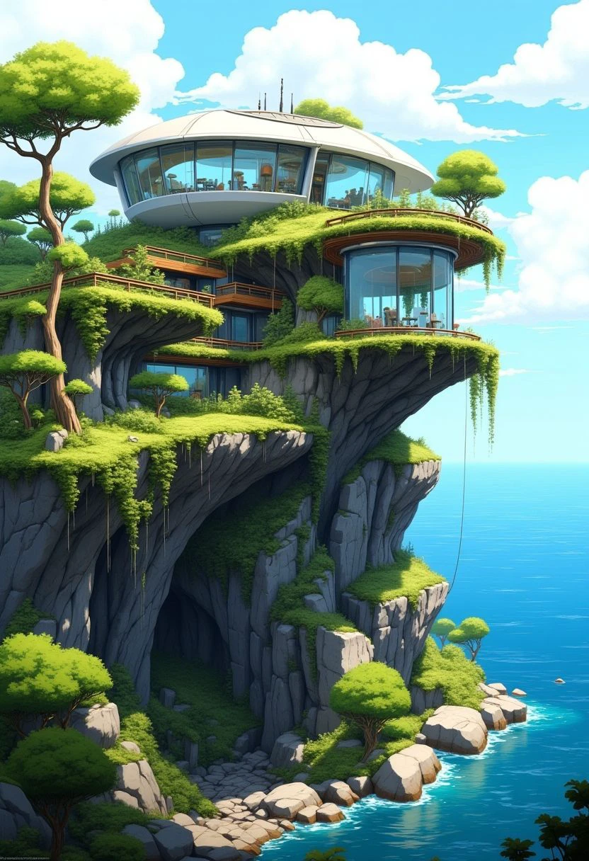 Concept art of a futuristic house built on the edge of a cliff, surrounded by lush green plants and trees, overlooking a vast ocean
<lora:Wasteland City Flux:1>