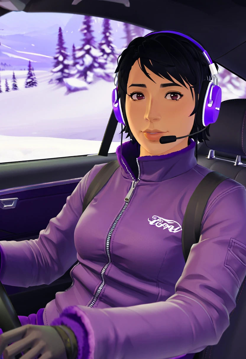 game cg,visual novel game screenshot,style of carnelian,a Hispanic woman with short black hair,Taliana,sitting behind the wheel of a Ford Mustang wearing a dark purple snowsuit and headset,<lora:TalianaMartinezXLV2:0.62>