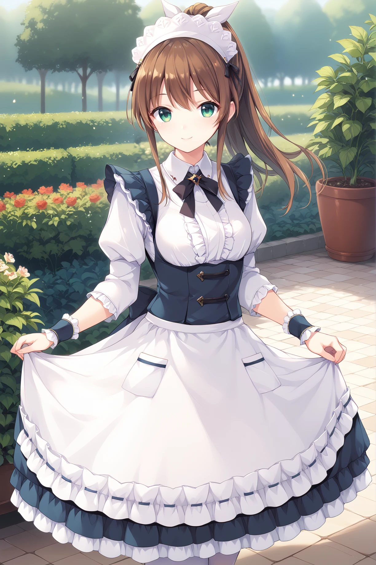 score_9, score_8_up, score_7_up, score_6_up, score_5_up, score_4_up,anime source,
 misaki,1girl,ponytail,hair ribbon,brown hair,green eyes,smile,
 maid(FF14), maid, frilled dress, frilled sleeves,juliet sleeves, wrist cuffs, apron,white pantyhose,
garden,dress lift,white dress,black apron,<lora:MisakiXLPony:0.8>,<lora:FF14MaidXLPony:1>