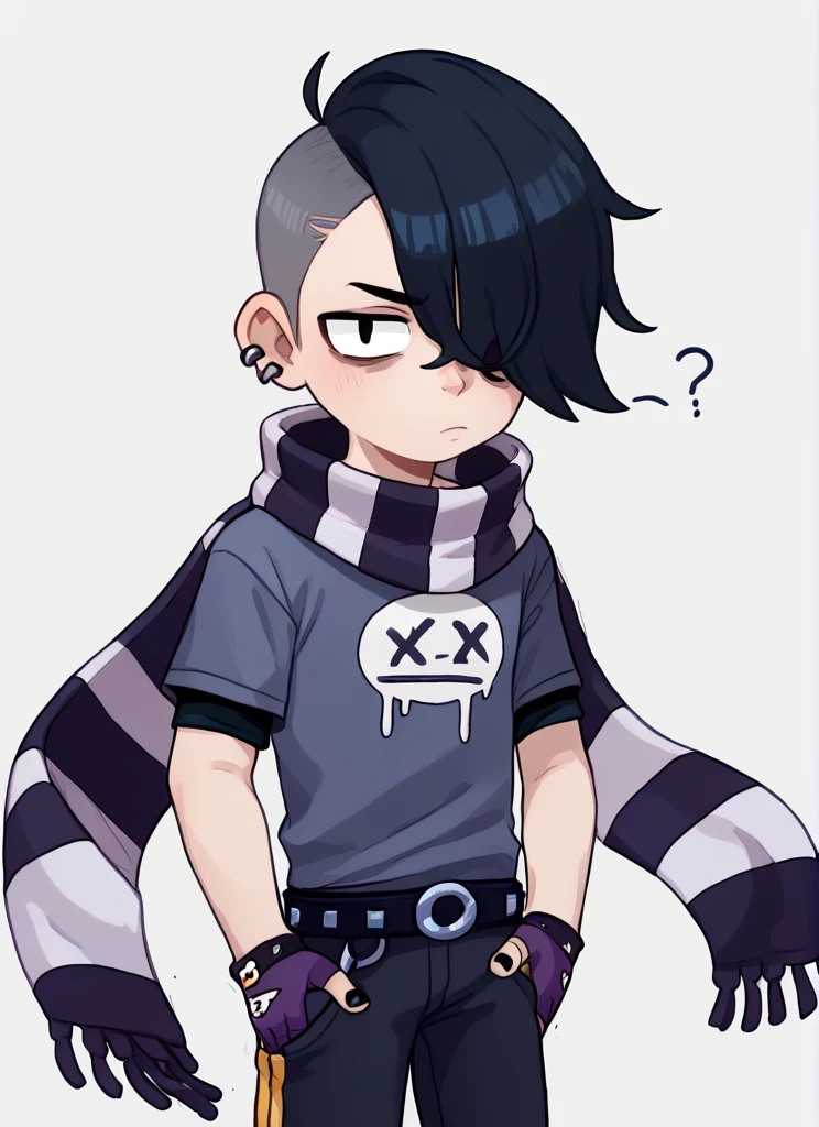 score_9, score_8_up, score_7_up,   <lora:bsedgar:1>bsedgar    , 1boy , short hair , black hair, hair over one eye, ear piercing, solo,striped scarf  grey shirt,  short sleeves, belt , black pants ,black gloves,   fingerless gloves, black nails, <lora:PossumMachine:1>posmach  , confused,  looking at viewer,  , ??? , simple background,  ??,