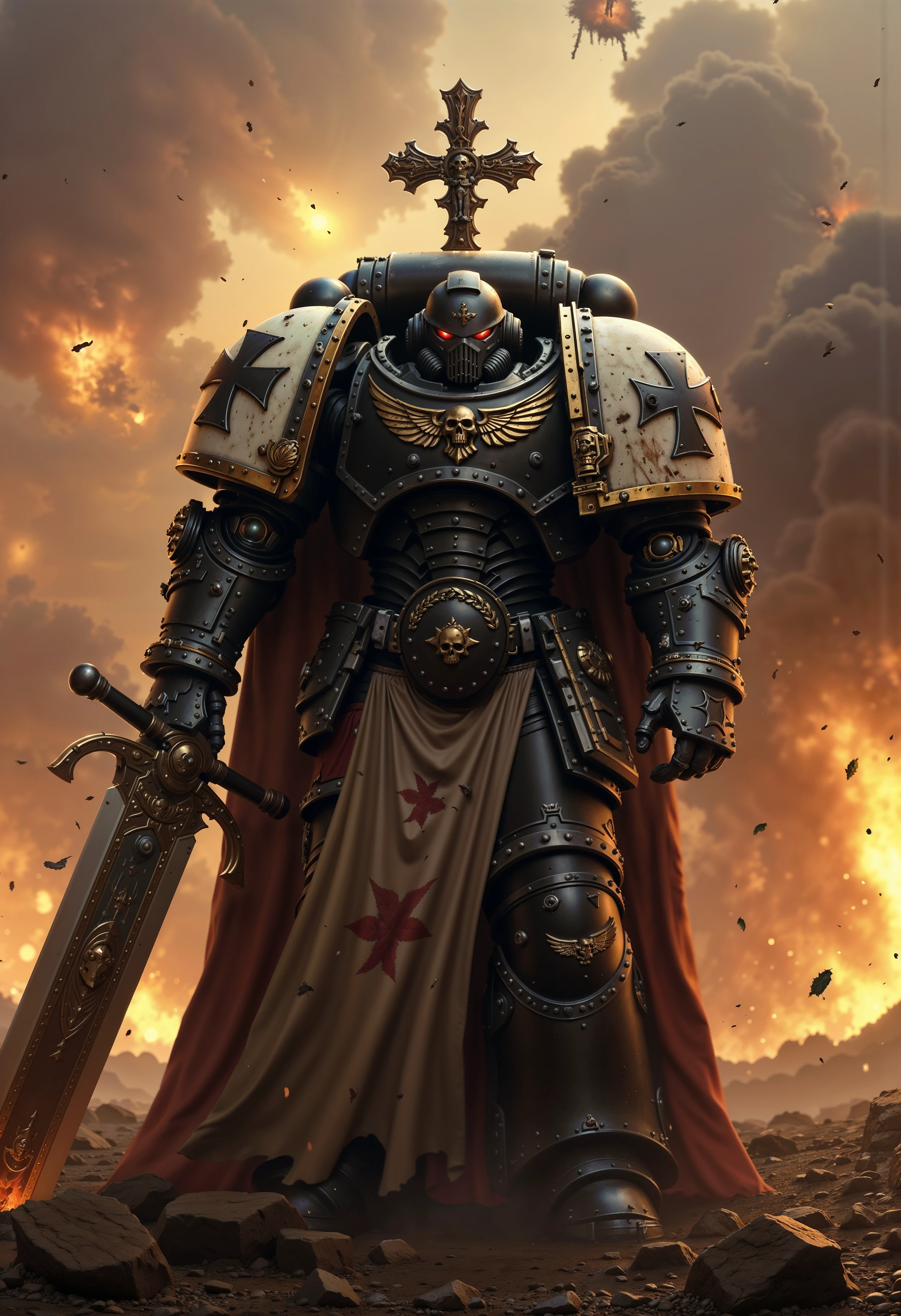 BlackT40k, large space marine standing with a giant sword on his shoulder, explosions in the background, epic action scene, movie still, <lora:FluxBlackT40k:1>