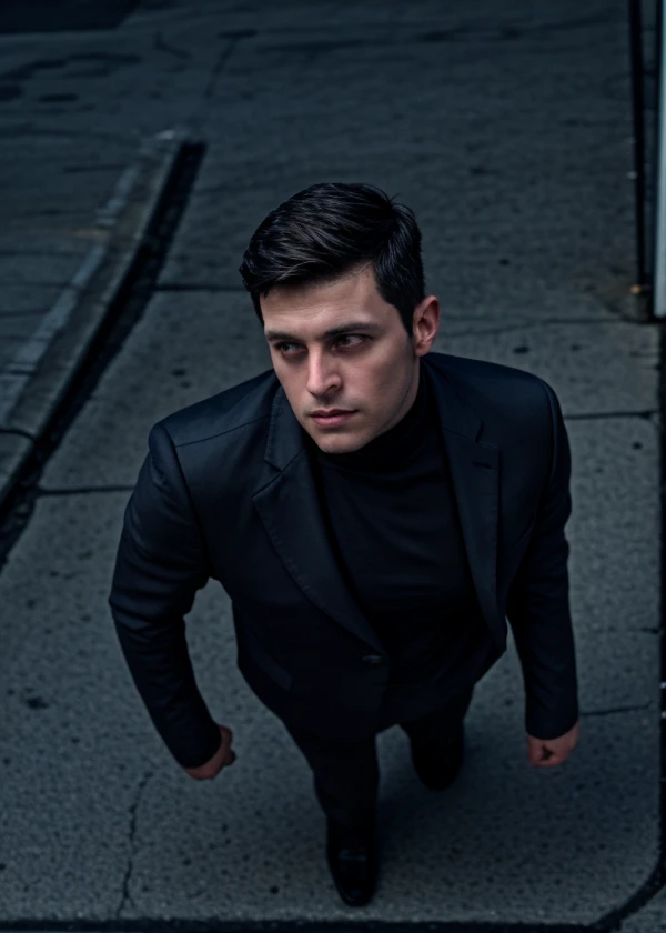 <lora:LATIN:0.8> 1boy, male focus, solo, realistic, guy wearing black suit, black turtleneck, black dress shoes in a empty street, ambient lighting , eldritch , airbrush, From Above <lora:LCM_LoRA_Weights_SD15:1> AnimateLCM_sd15_t2v_lora,  8k, portrait, best quality <lora:detailSliderALT2:0.8>