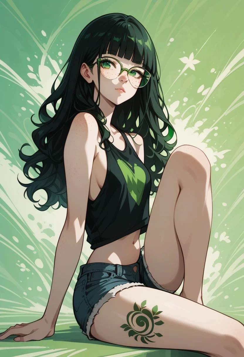 score_9, score_8_up, score_7_up, score_6_up, score_5_up, score_4_up, 1girl, Claudia, ClaudiaRH, long  black hair, wavy hair, blunt bangs, green eyes, big squared eyeglasses, small breasts, slim, big leg tattoo, pale skin, freckles, abstract background, detailed background, green tint, posing , portrait, cowboy shot, wearing oversized black tank top, side boob, denim shorts, belly exposed, full body shot, sitting on ground, knees up